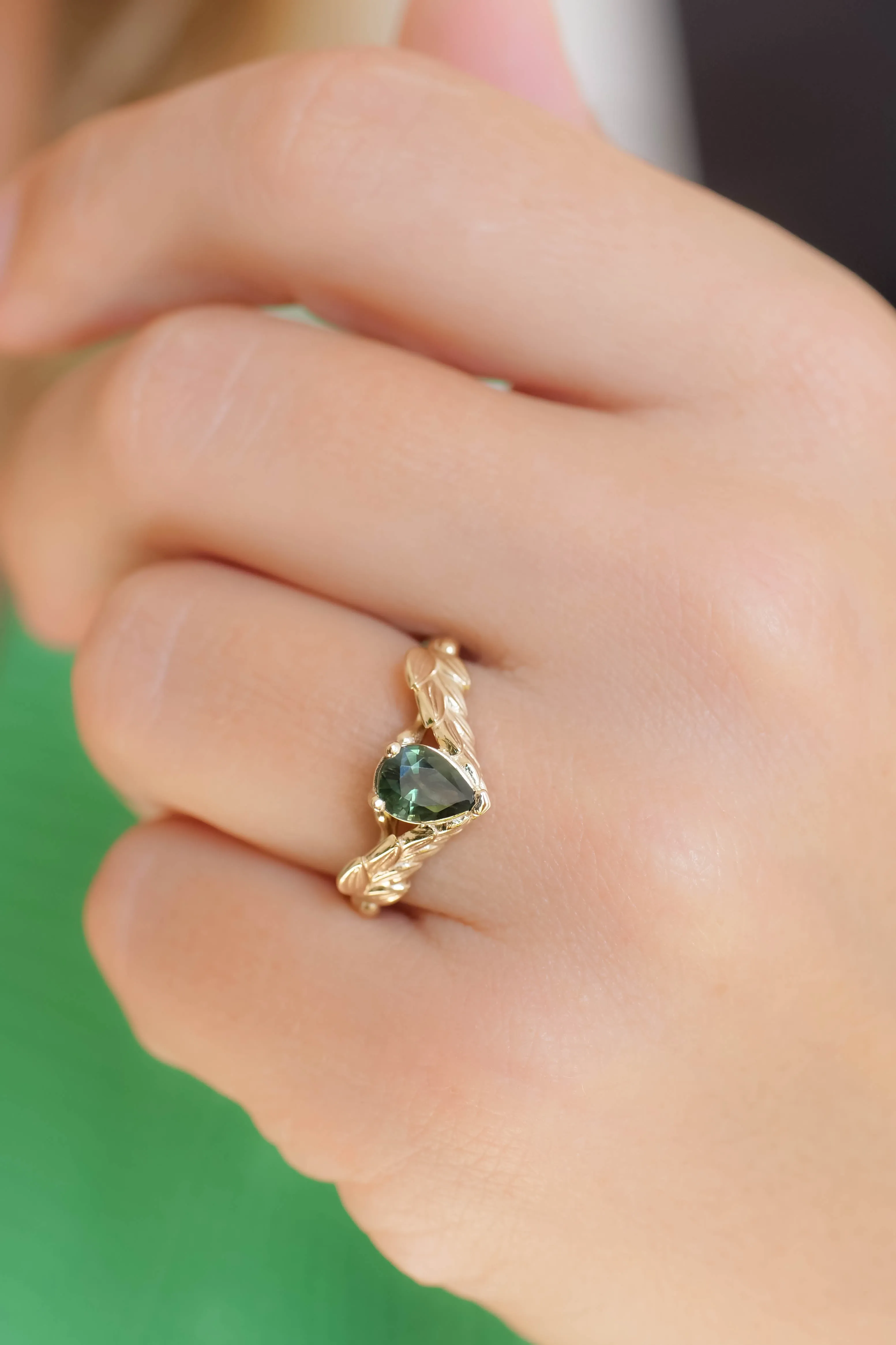 Green sapphire and diamonds bridal ring set, nature themed gold engagement and wedding rings / Palmira