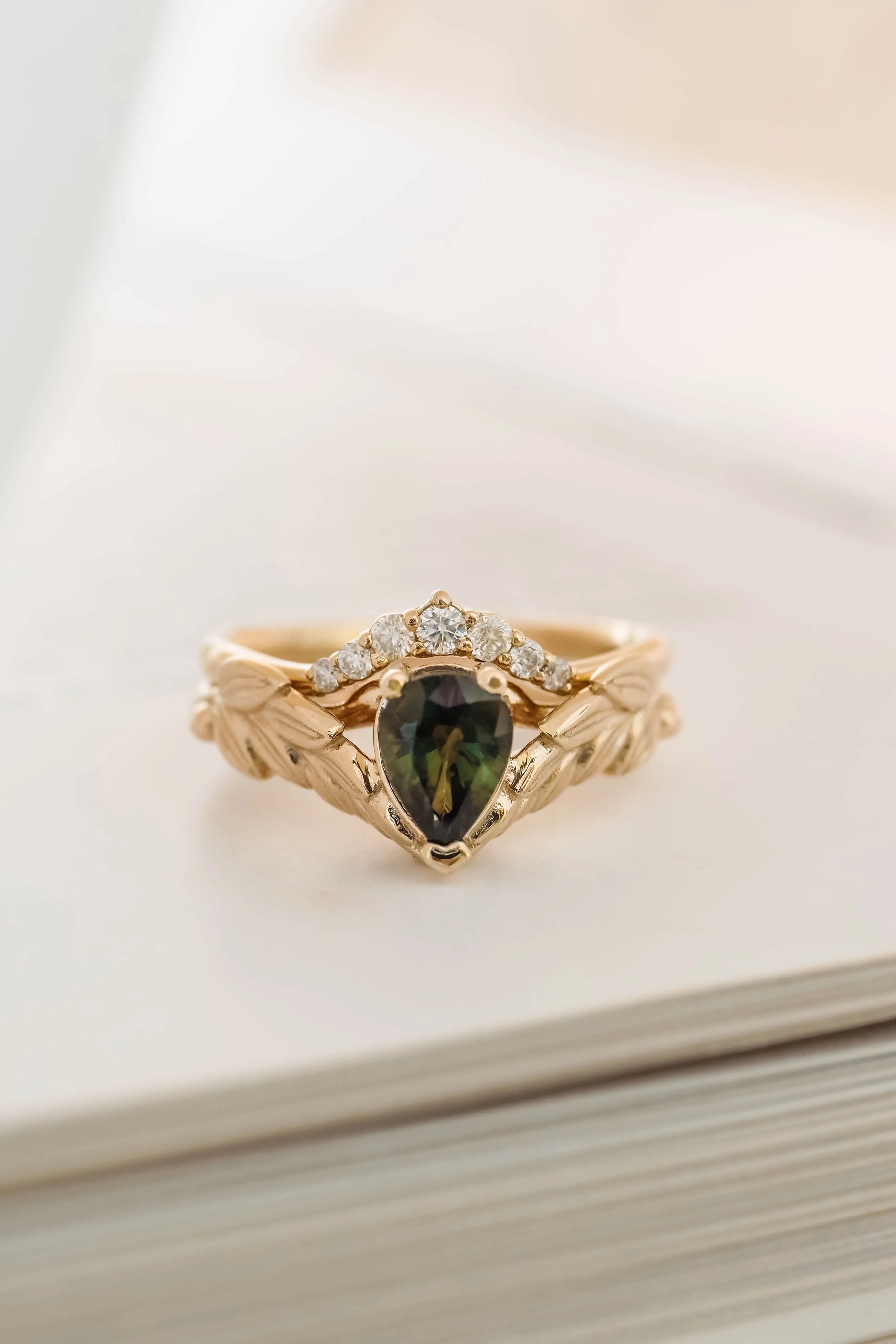 Green sapphire and diamonds bridal ring set, nature themed gold engagement and wedding rings / Palmira