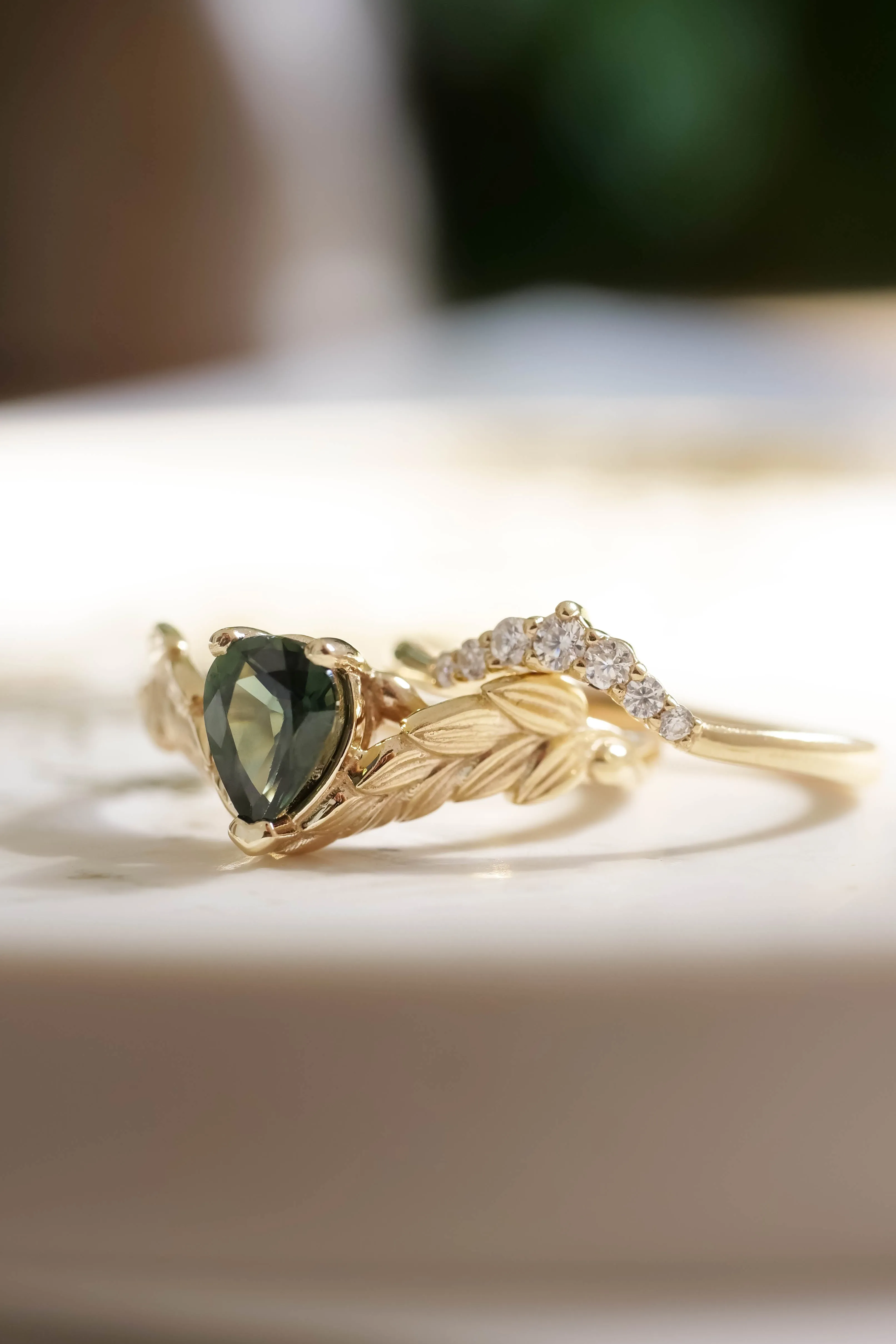 Green sapphire and diamonds bridal ring set, nature themed gold engagement and wedding rings / Palmira