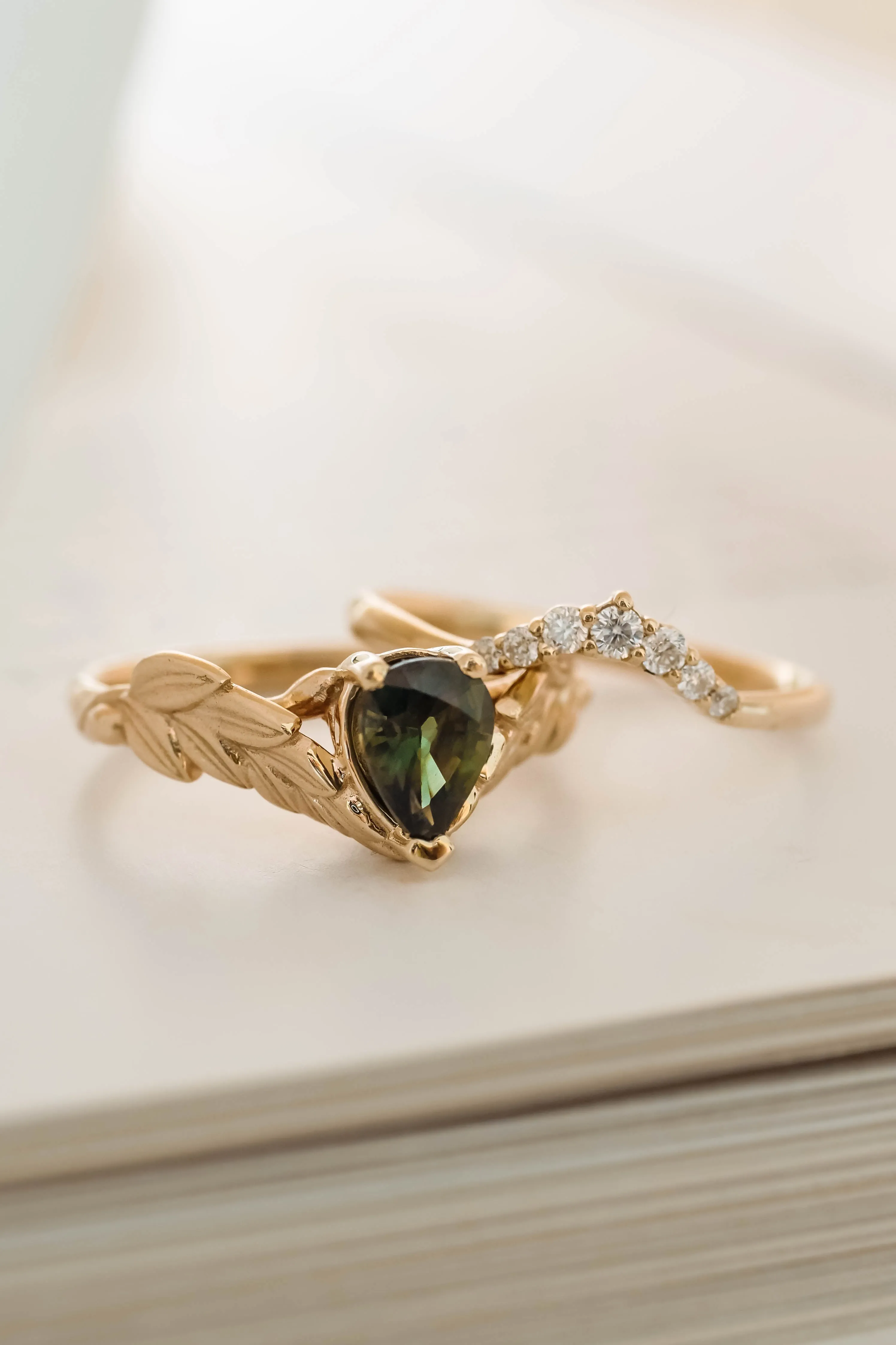 Green sapphire and diamonds bridal ring set, nature themed gold engagement and wedding rings / Palmira