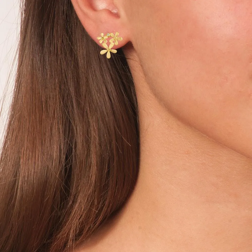 Handmade Gold Plated Silver Stud Earrings Little Flowers With Zircons