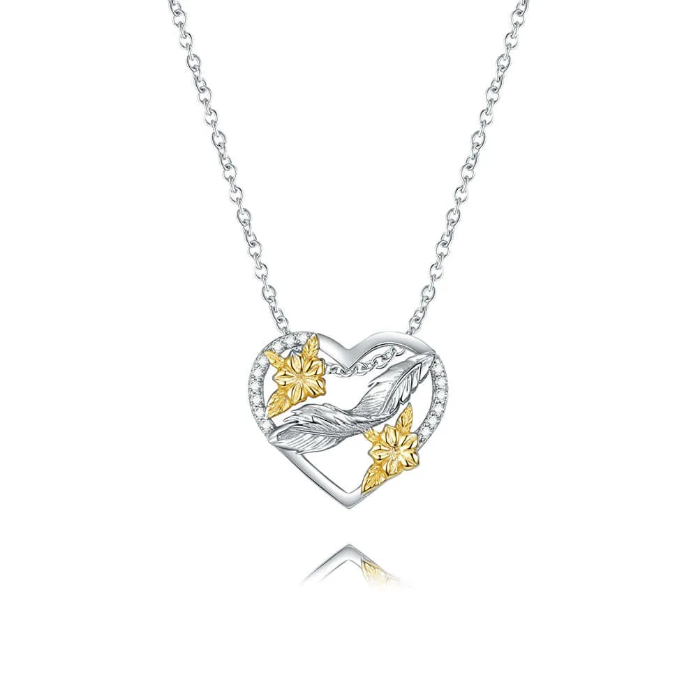 Heart Shape 925 Sterling Silver Feather & Gold Flower Pendant Necklace