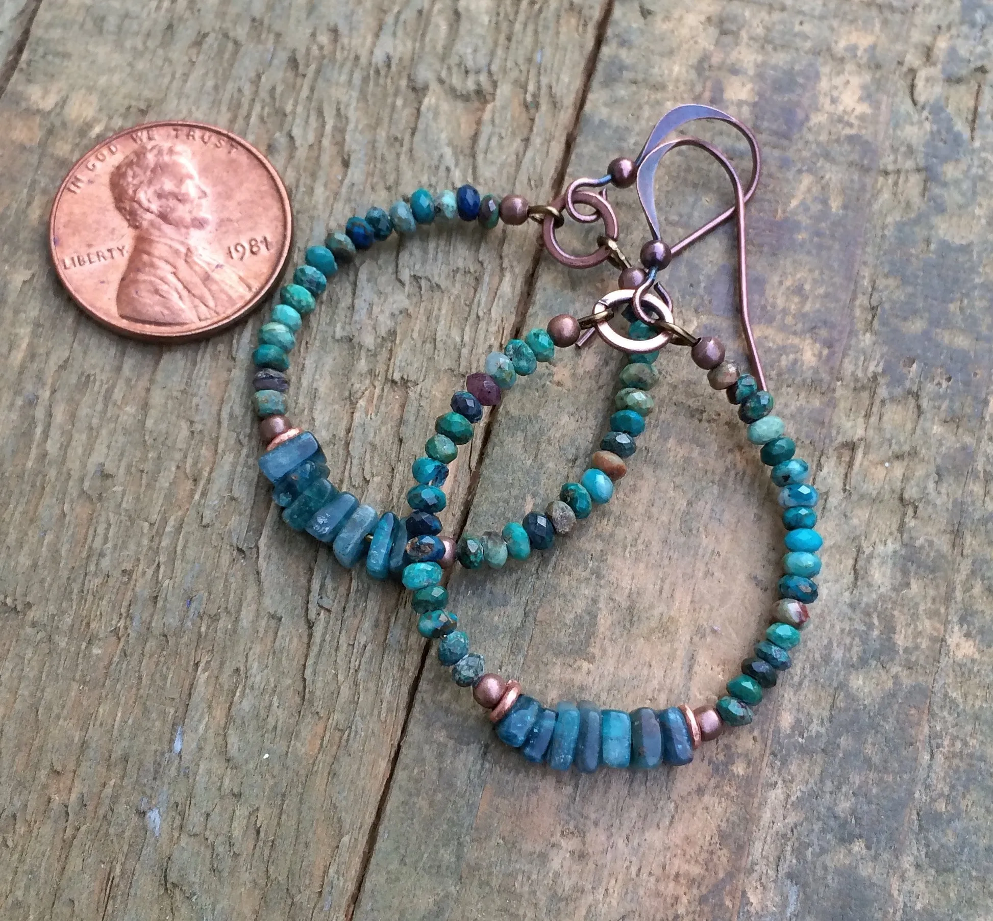 Hoop Earrings with Beads, Apatite and Chrysocolla Boho Beaded Earrings, Blue Beaded Jewelry, Colorful Hoop Jewelry, Chrysocolla Earrings