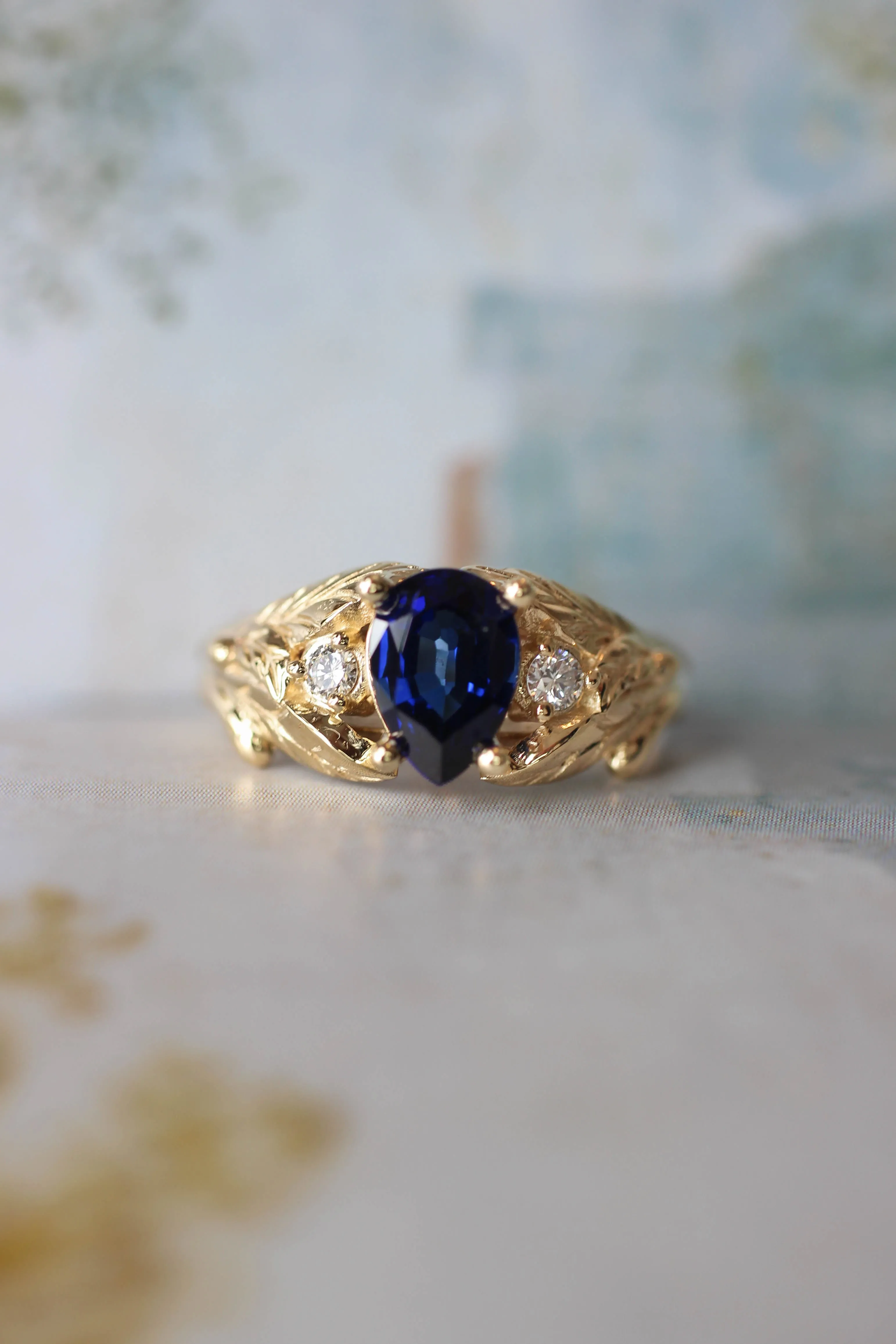 Lab sapphire and natural diamonds ring / Wisteria