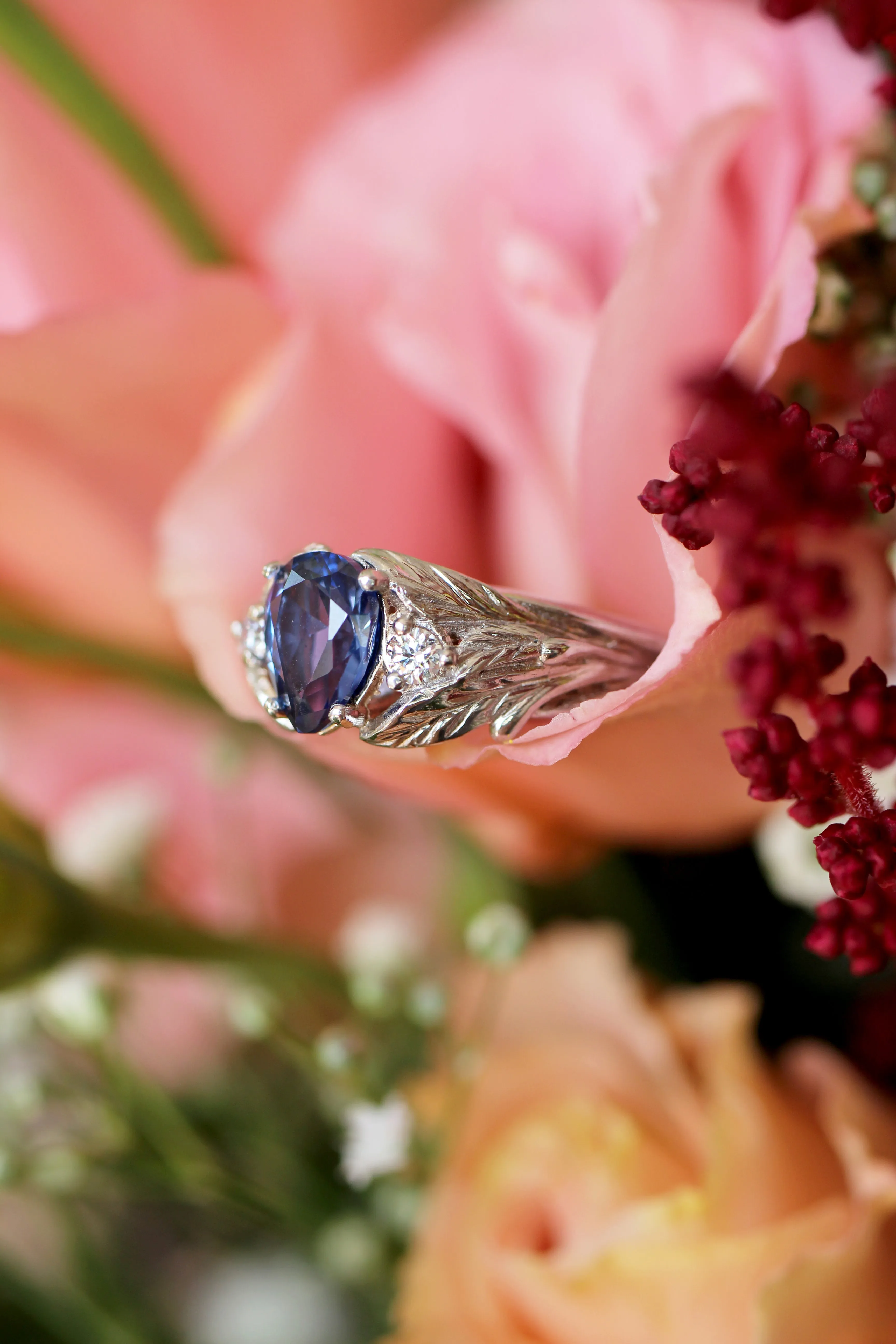 Lab sapphire and natural diamonds ring / Wisteria