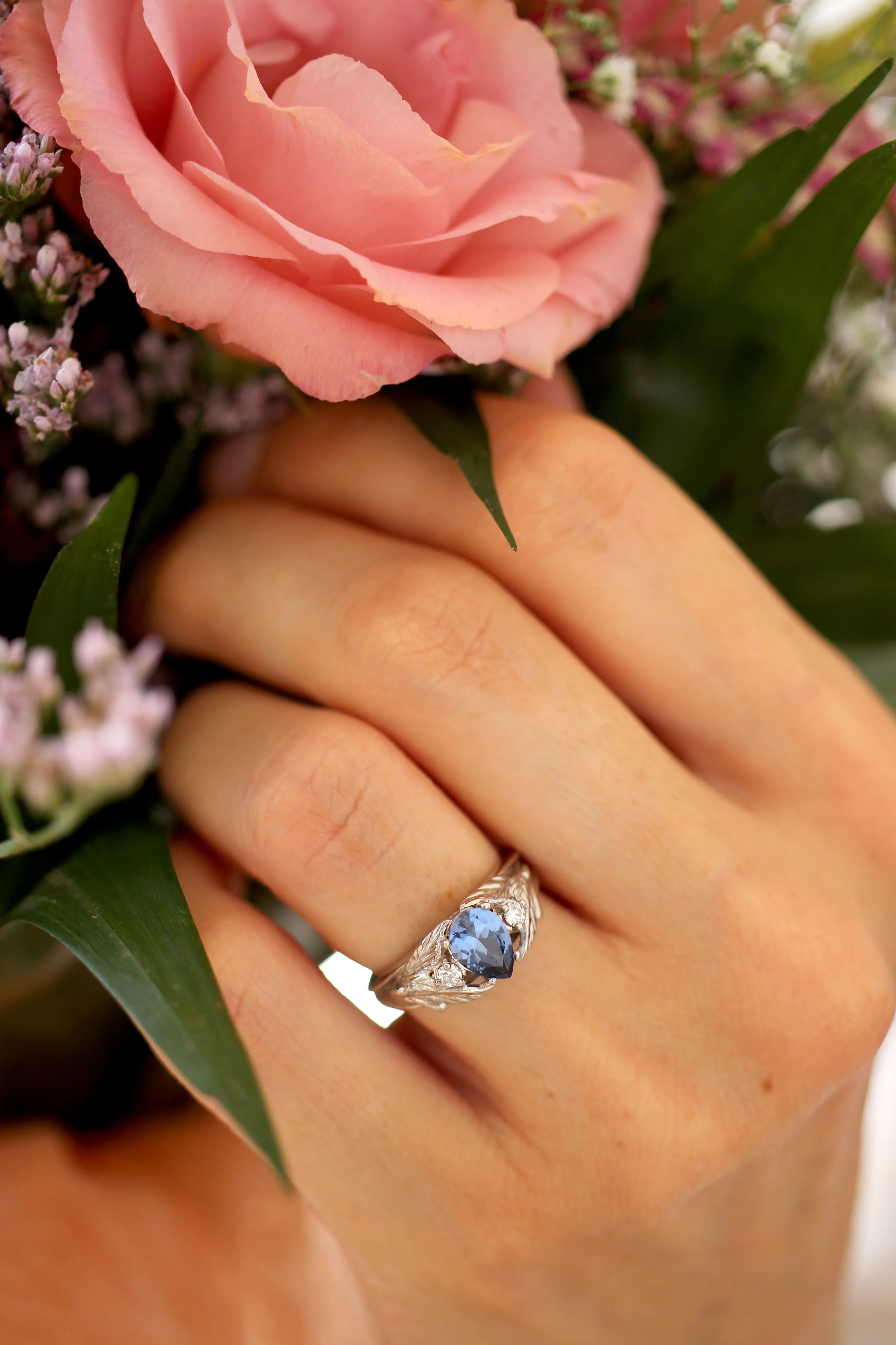 Lab sapphire and natural diamonds ring / Wisteria