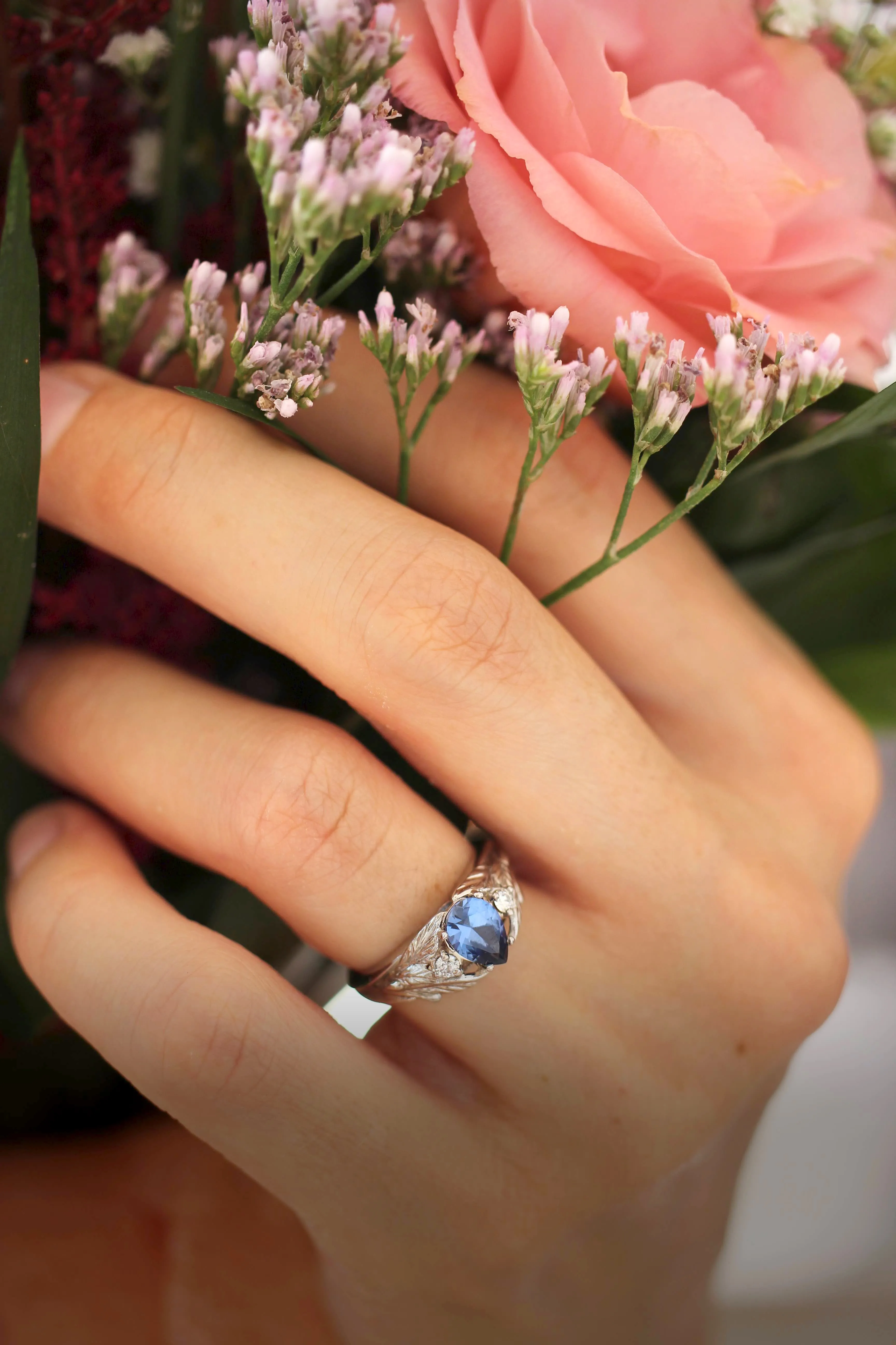 Lab sapphire and natural diamonds ring / Wisteria