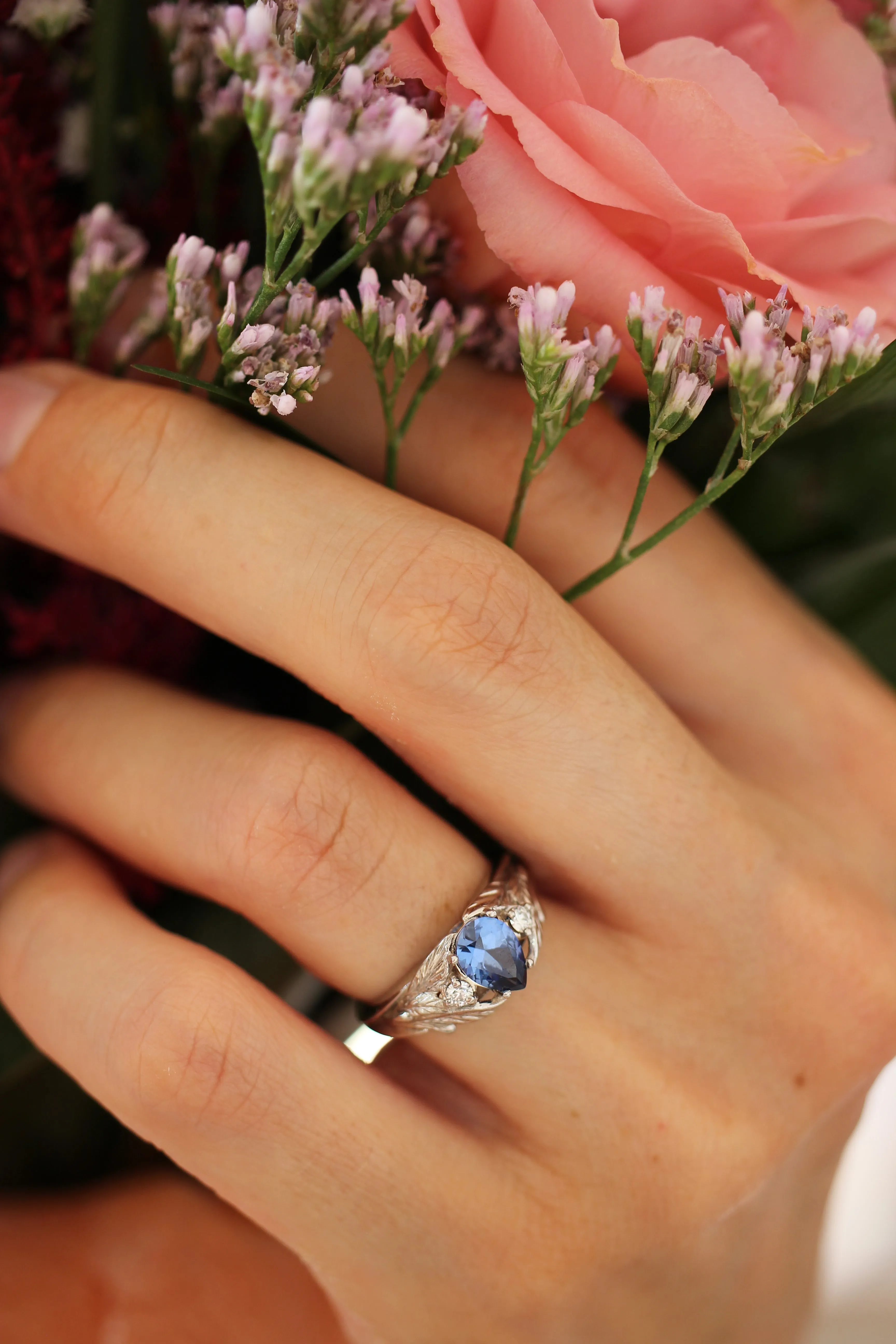 Lab sapphire and natural diamonds ring / Wisteria