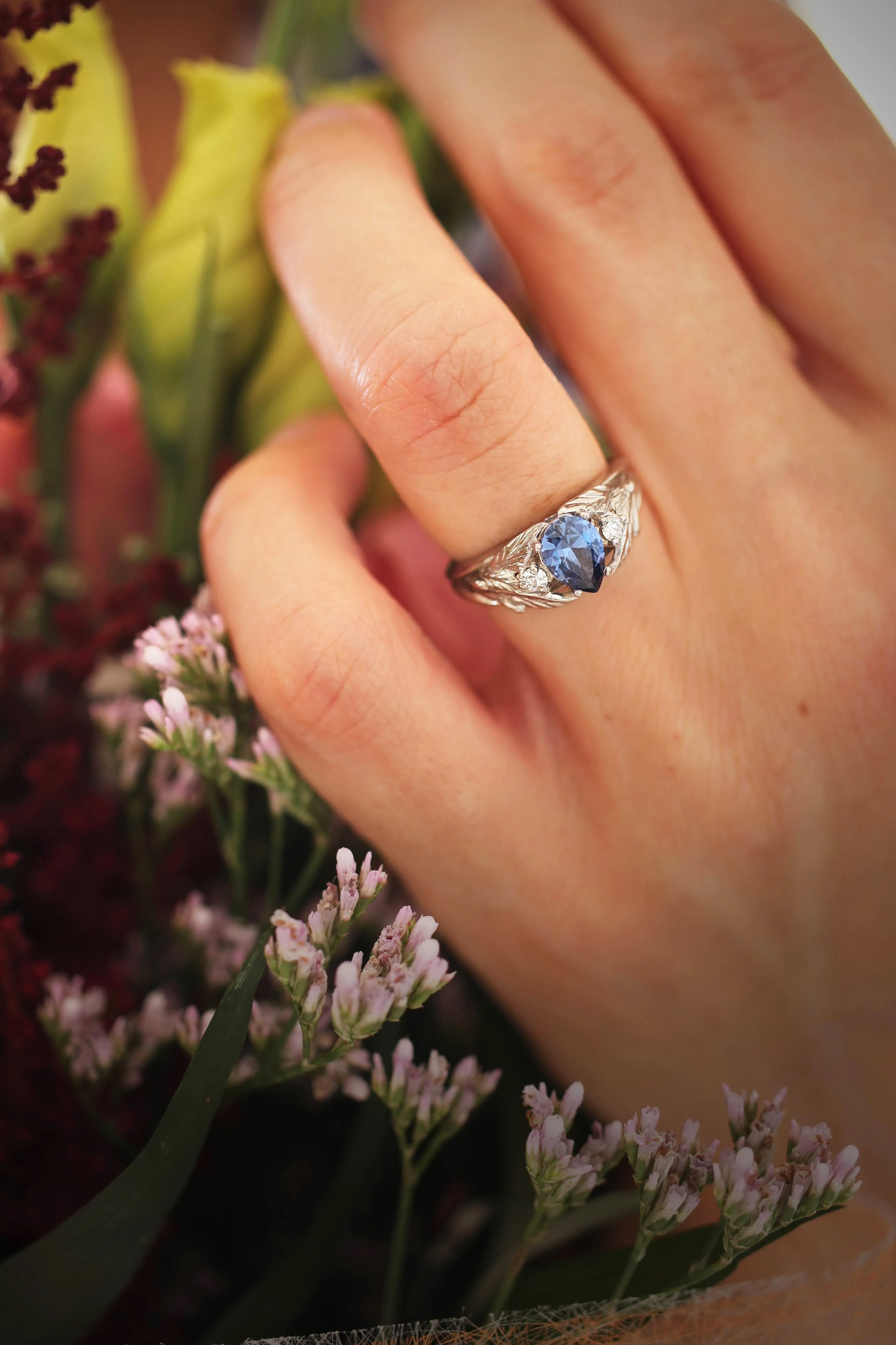 Lab sapphire and natural diamonds ring / Wisteria