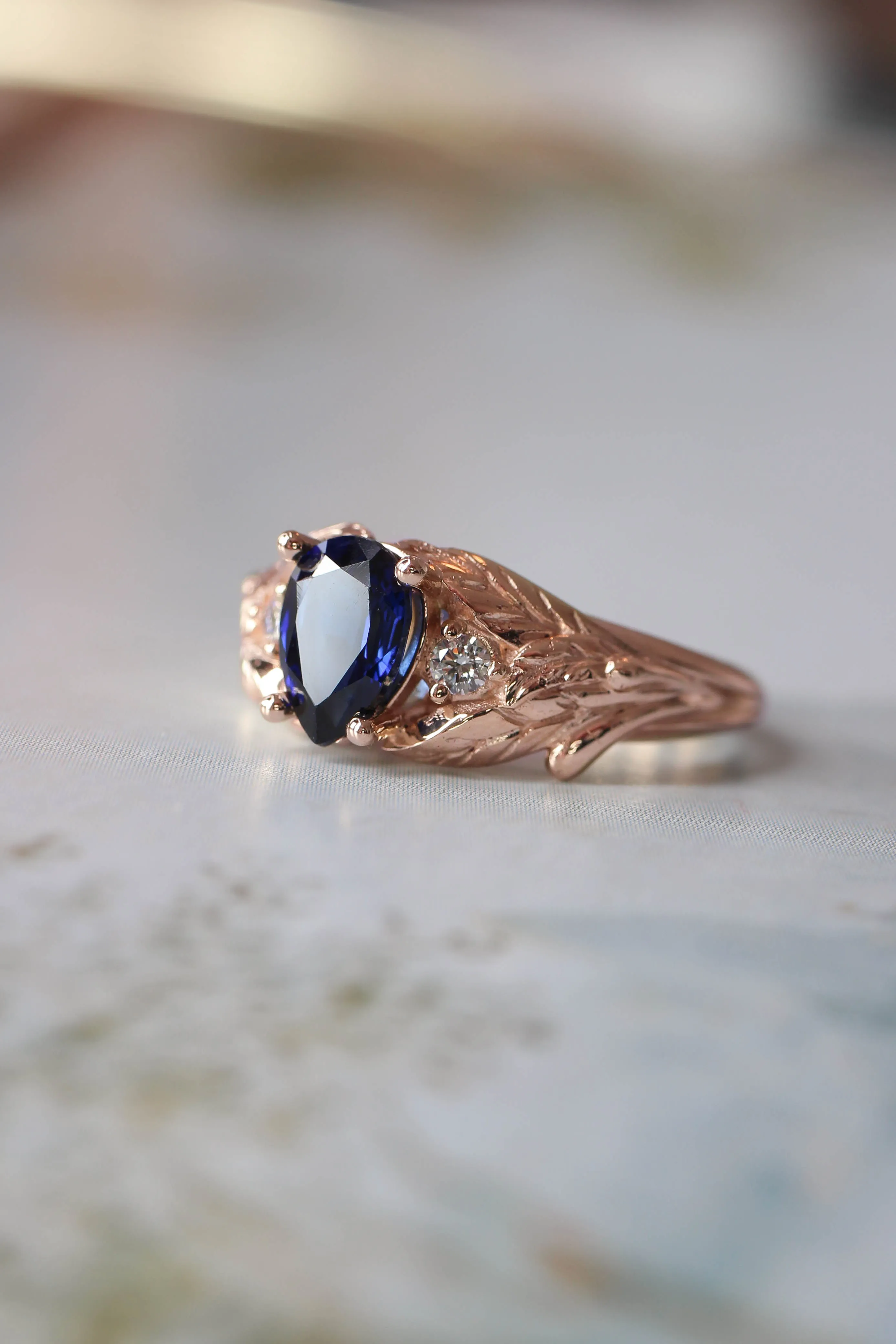 Lab sapphire and natural diamonds ring / Wisteria