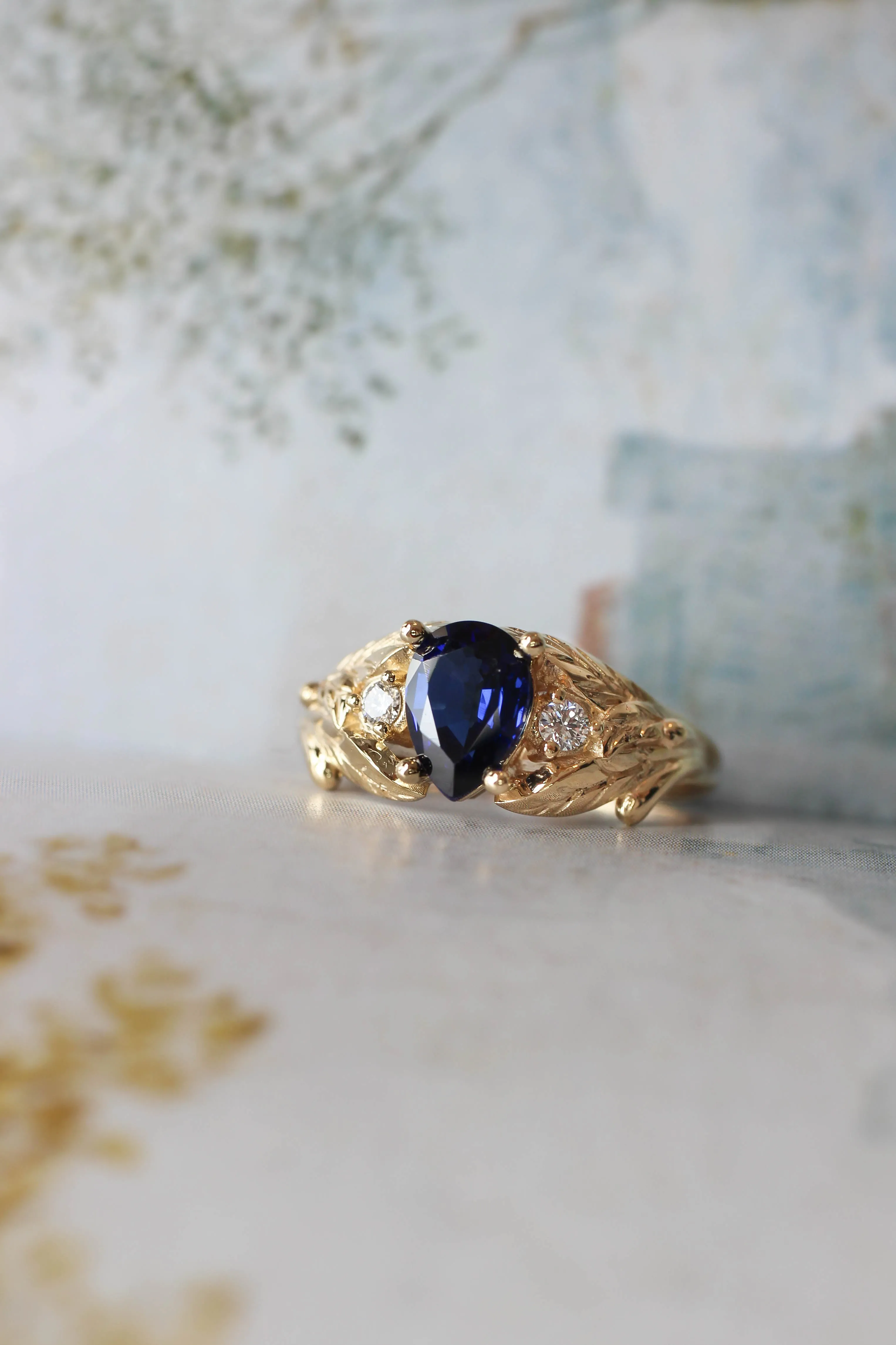 Lab sapphire and natural diamonds ring / Wisteria