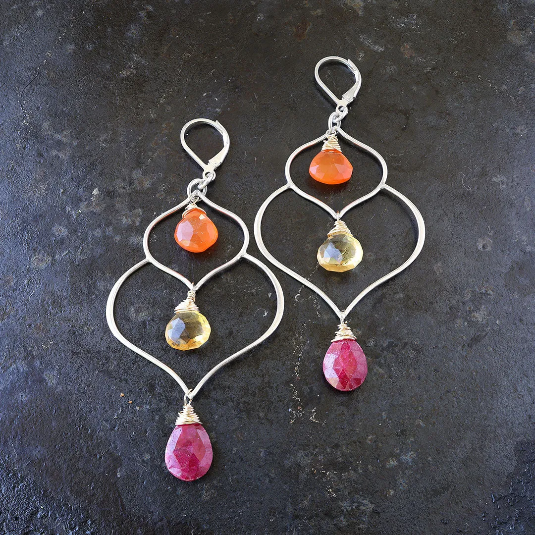 Lakshmi - Multi-Gemstone Lotus Silver Earrings