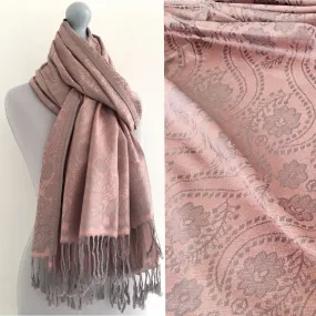 LARGE BLUSH PINK SWIRL FLORAL PRINT REVERSIBLE PASHMINA SHAWL SCARF