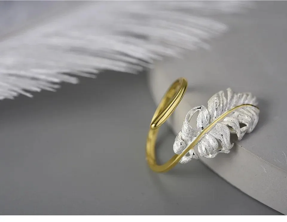 LFJD0160 Long Goose Feather Rings Charm Jewelry - 925 Sterling Silver