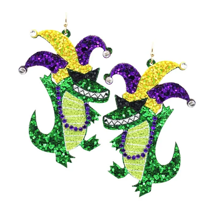 Mardi Gras Glittered Crocodile Dangle Earrings