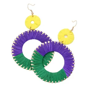 Mardi Gras Raffia Open Circle Dangle Earrings