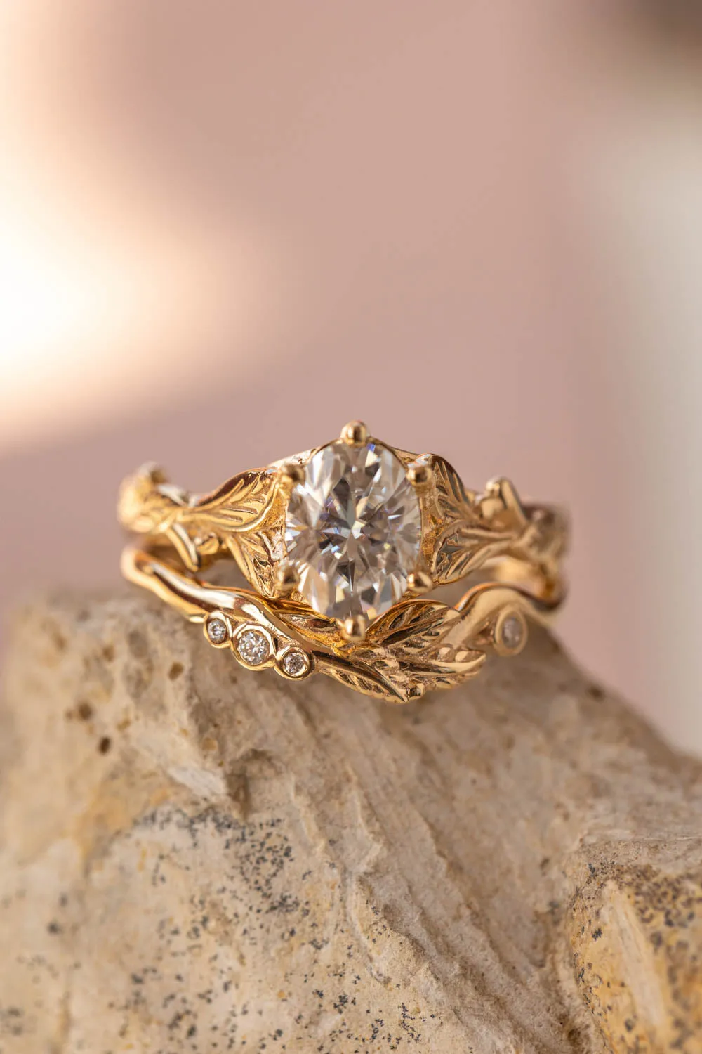 Moissanite nature inspired engagement ring set, gold leaves engagement and wedding rings / Freesia