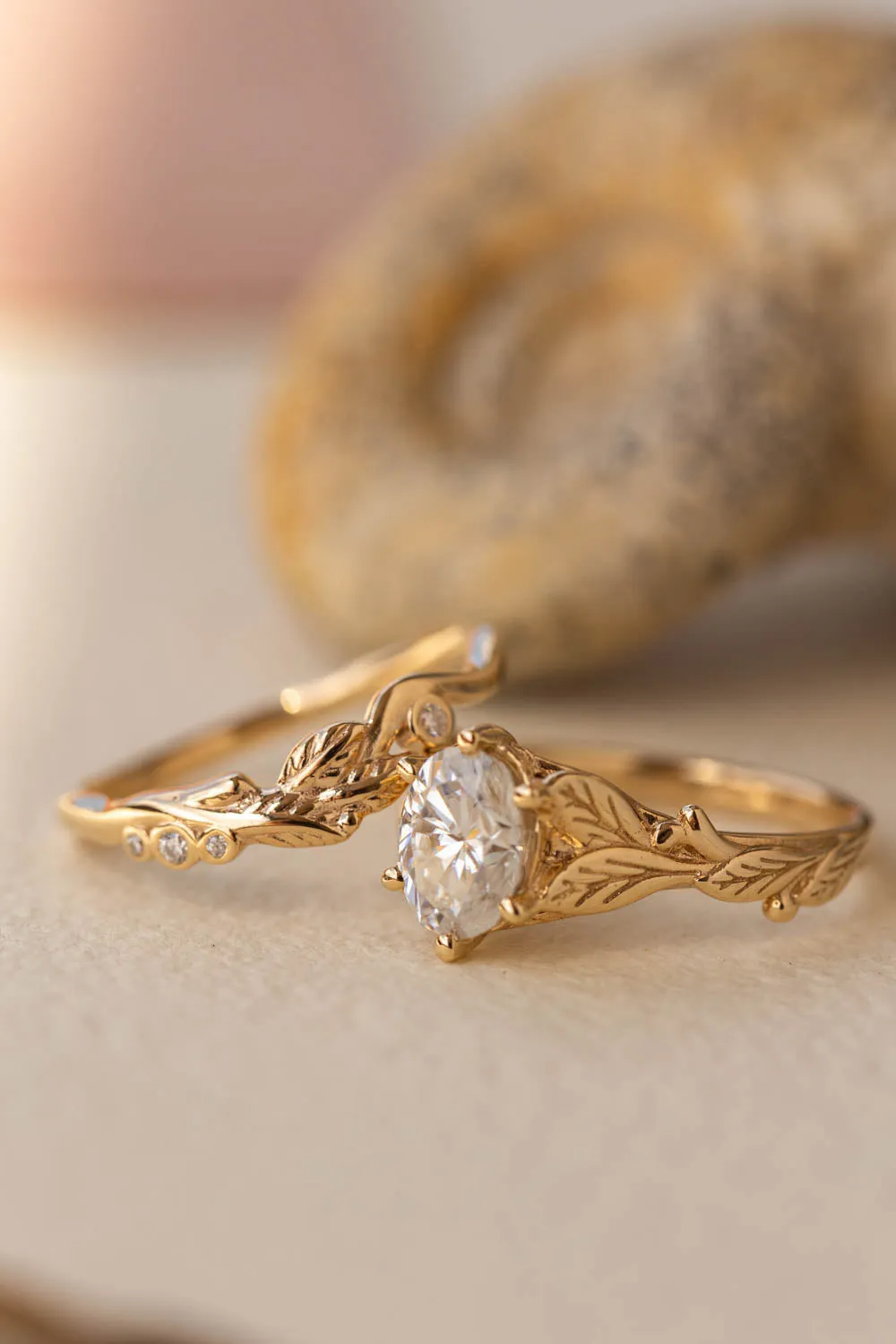 Moissanite nature inspired engagement ring set, gold leaves engagement and wedding rings / Freesia