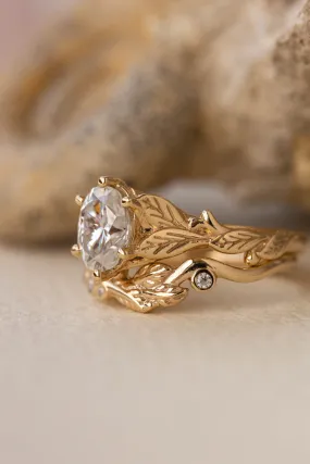 Moissanite nature inspired engagement ring set, gold leaves engagement and wedding rings / Freesia