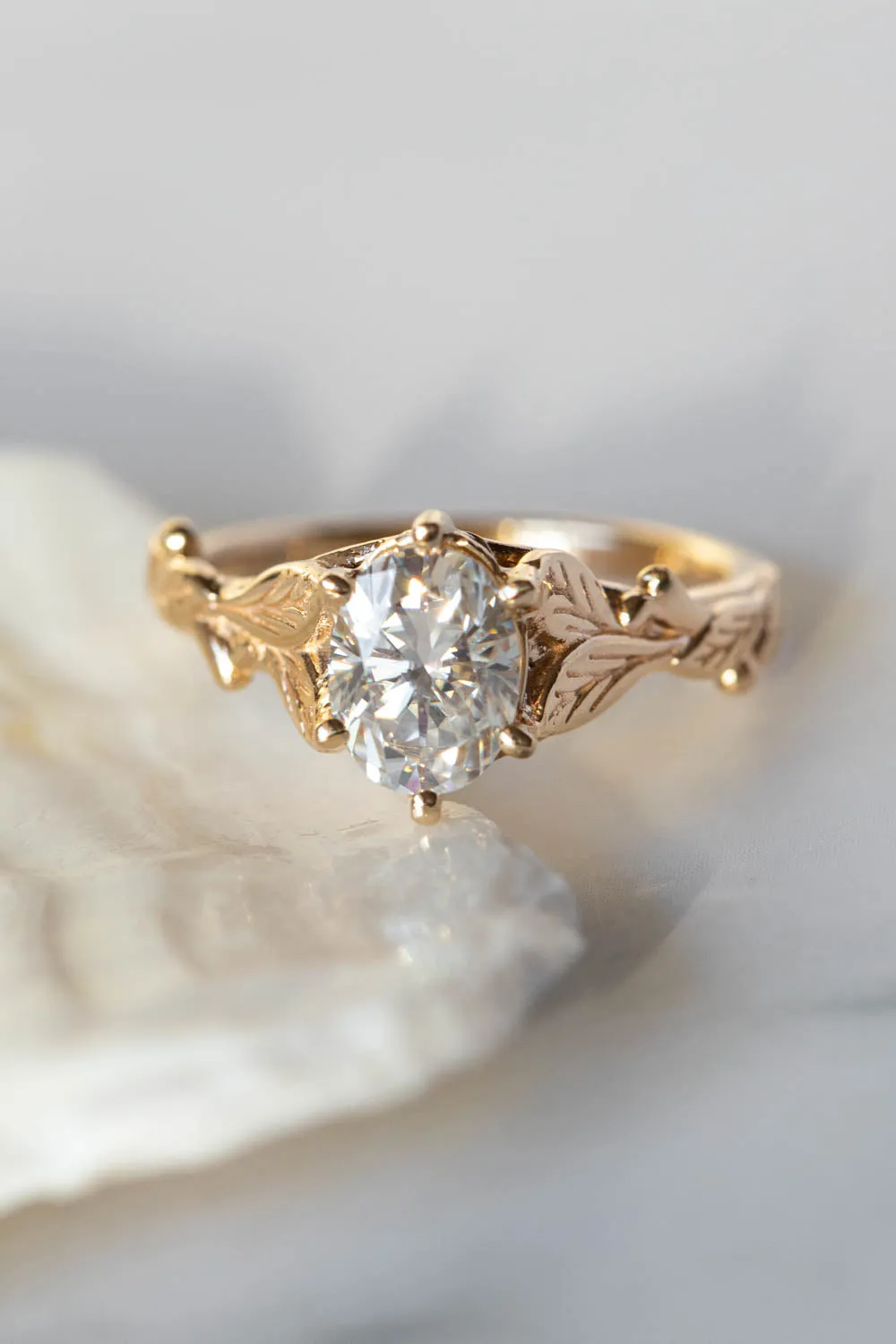 Moissanite nature inspired engagement ring set, gold leaves engagement and wedding rings / Freesia