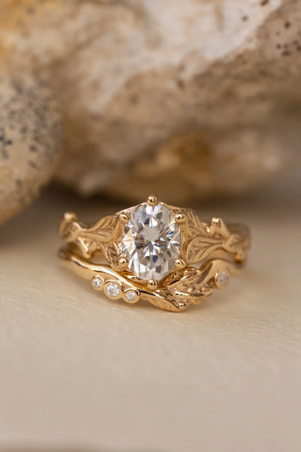 Moissanite nature inspired engagement ring set, gold leaves engagement and wedding rings / Freesia