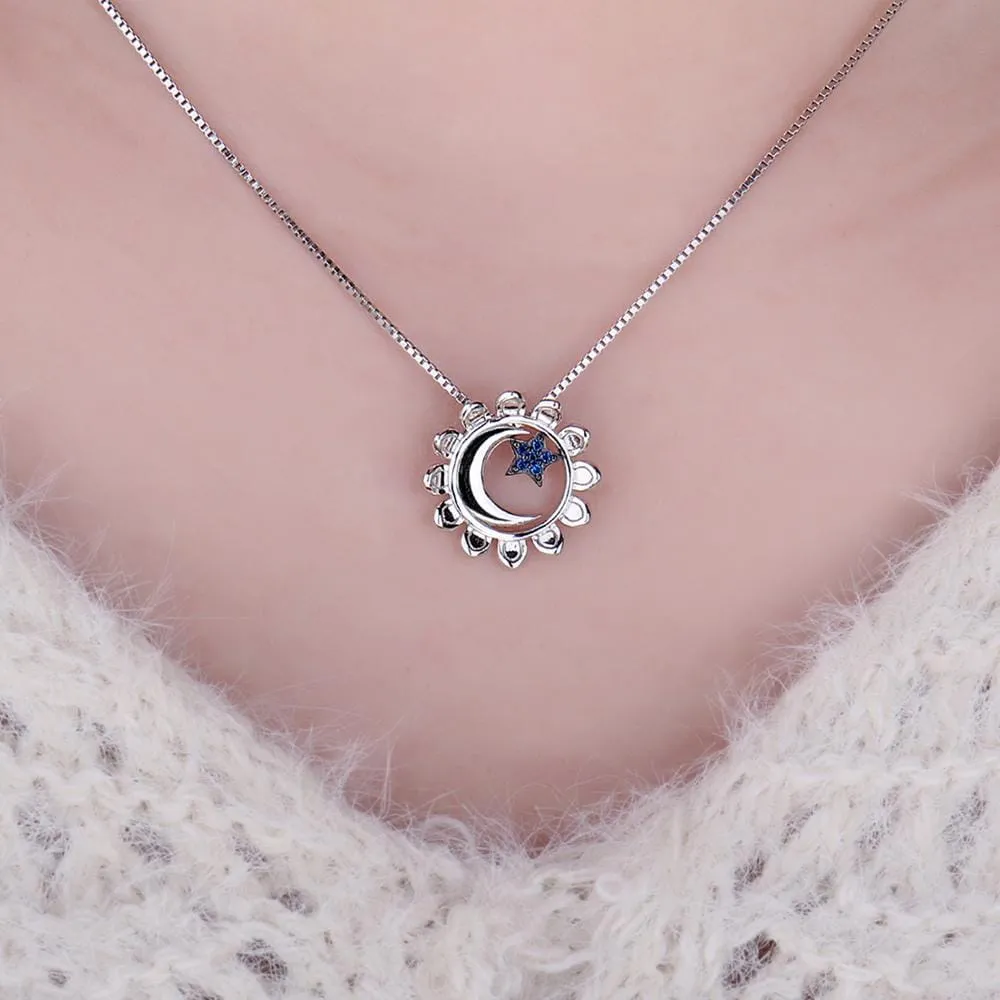 Moon Star Sunflower Pendant - 925 Sterling Silver ( No Chain )