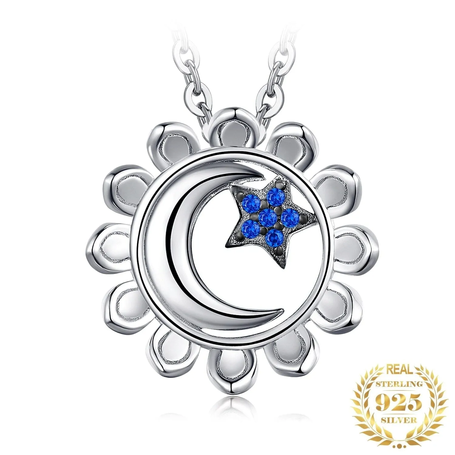 Moon Star Sunflower Pendant - 925 Sterling Silver ( No Chain )