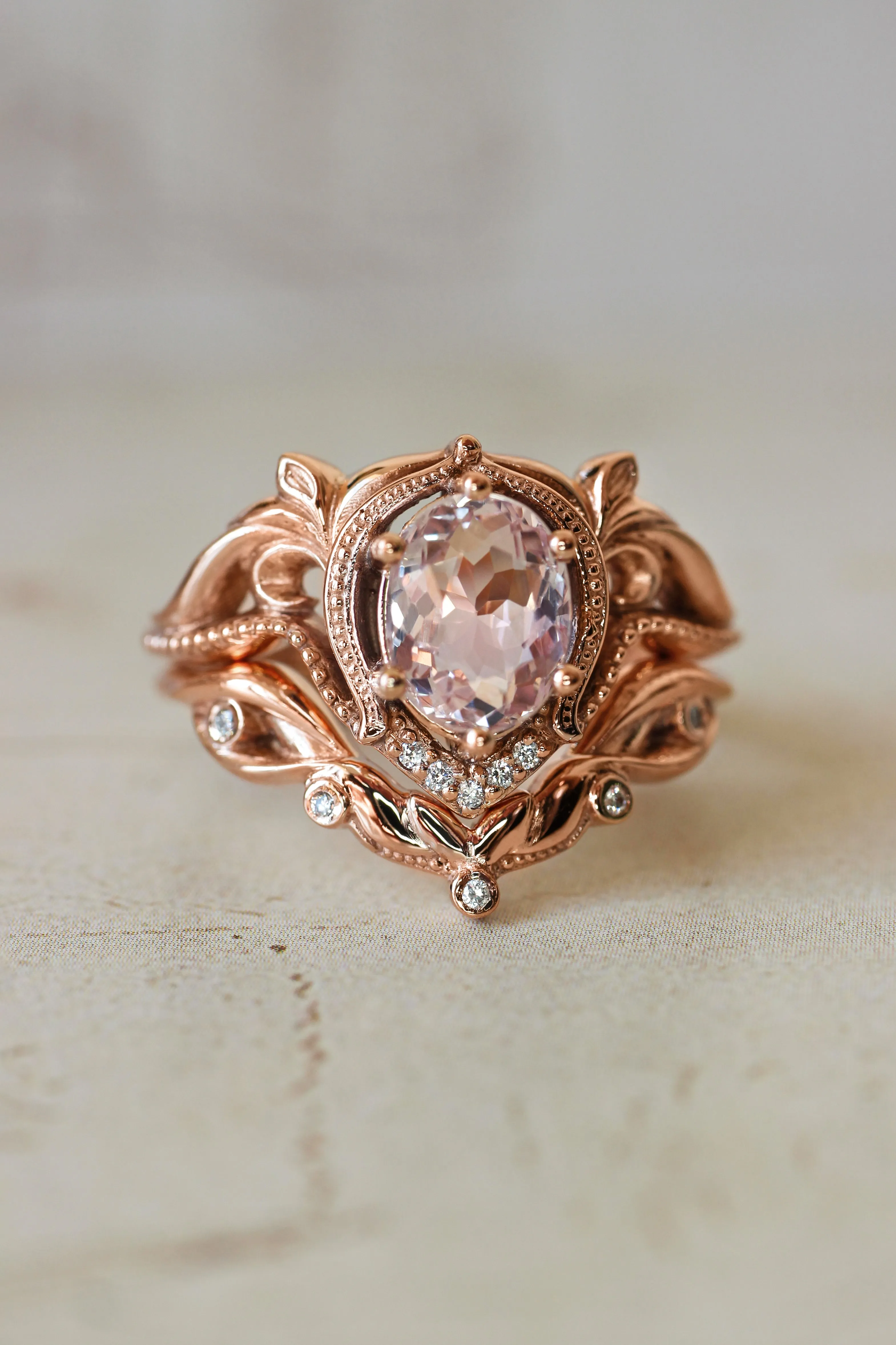 Morganite engagement ring with moissanites or diamonds / Lida oval