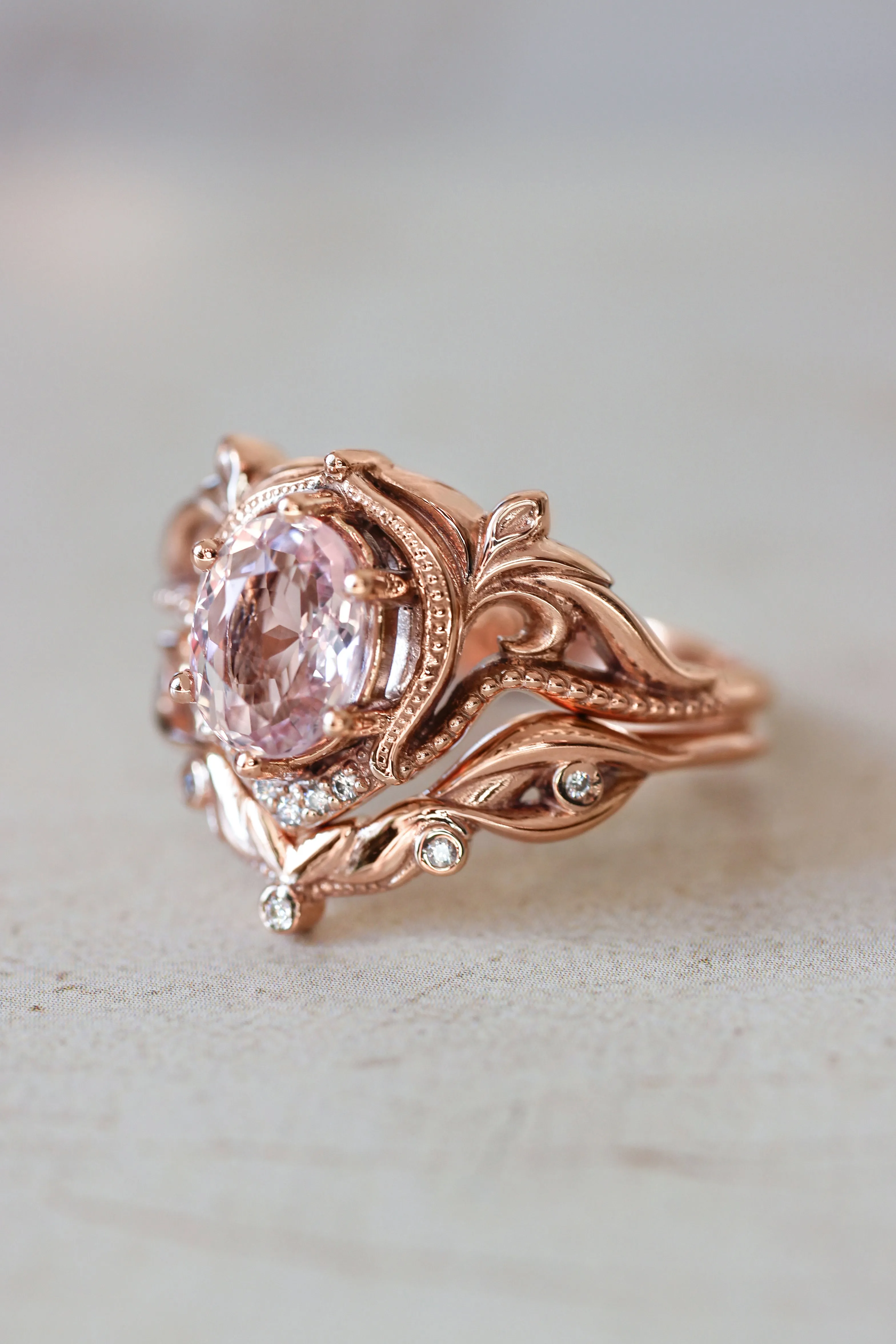 Morganite engagement ring with moissanites or diamonds / Lida oval