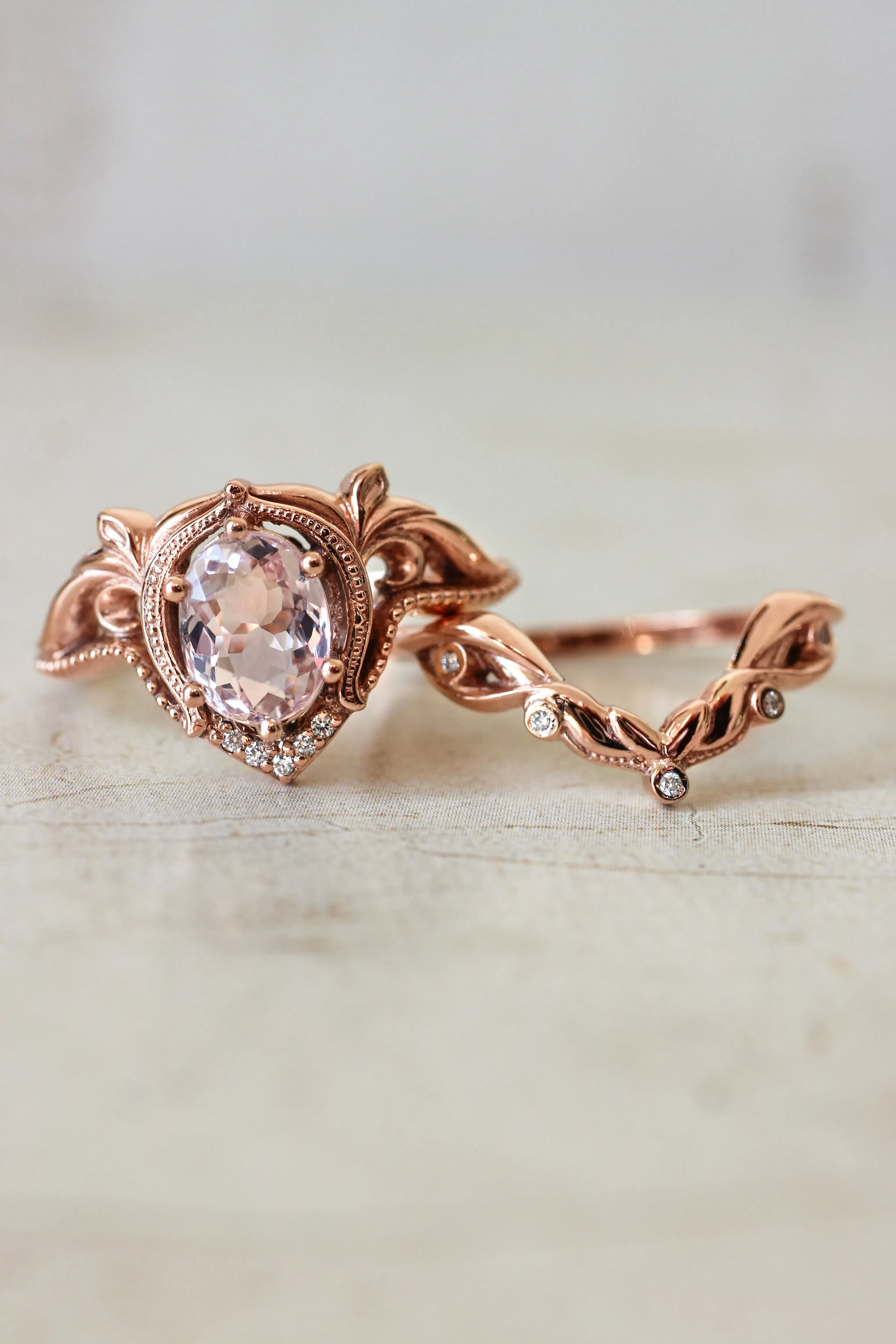 Morganite engagement ring with moissanites or diamonds / Lida oval