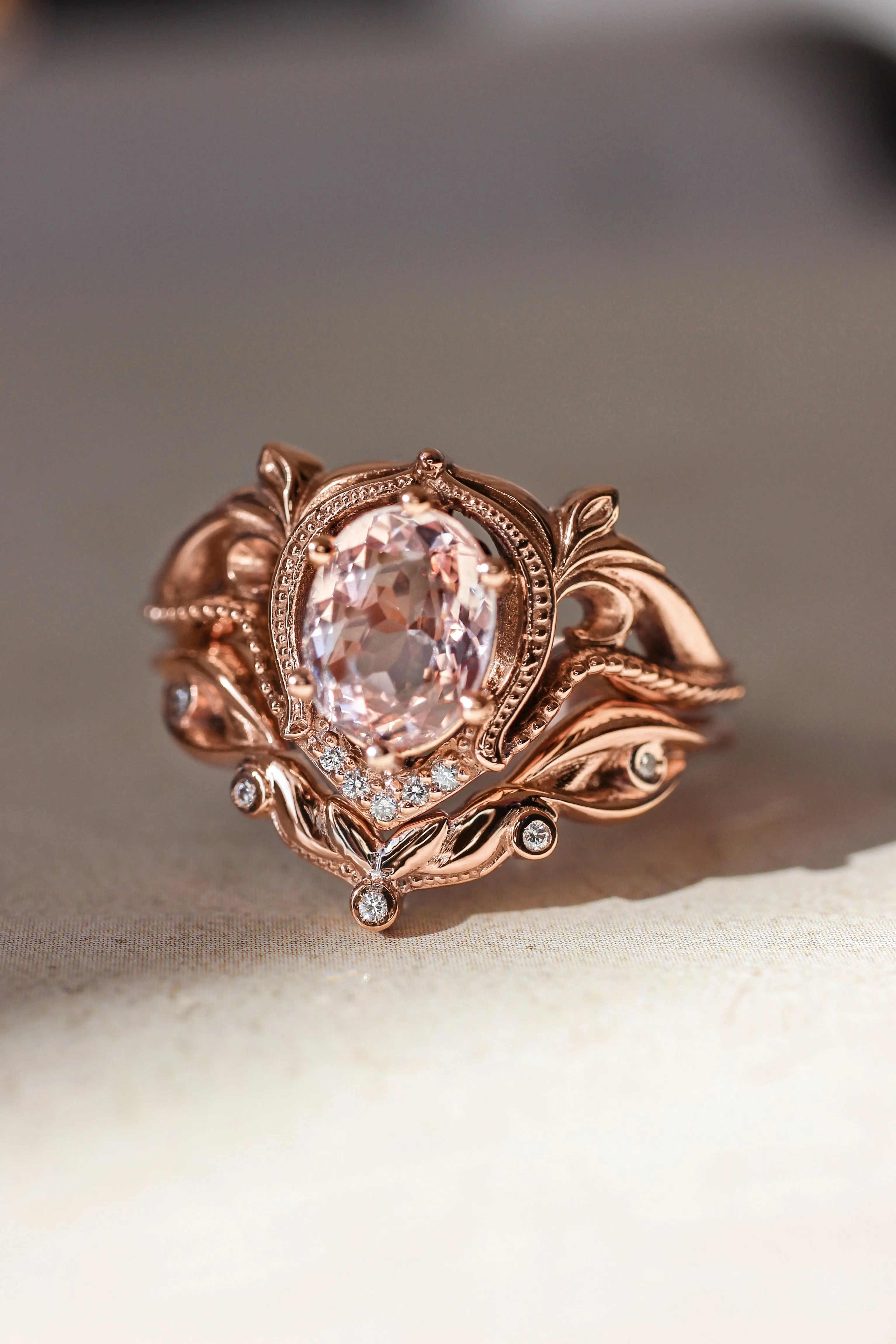 Morganite engagement ring with moissanites or diamonds / Lida oval