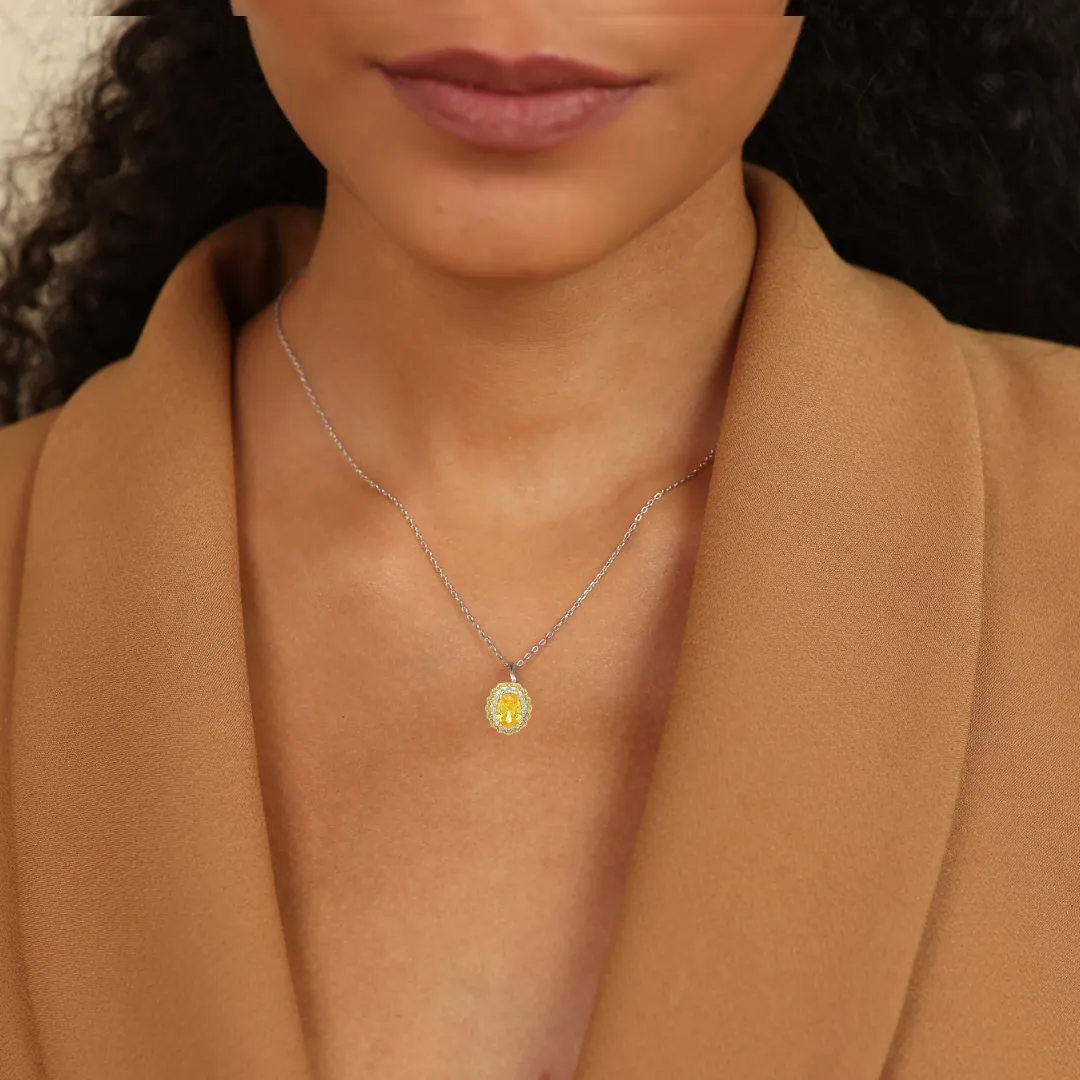 Natural Citrine Halo Pendant Necklace