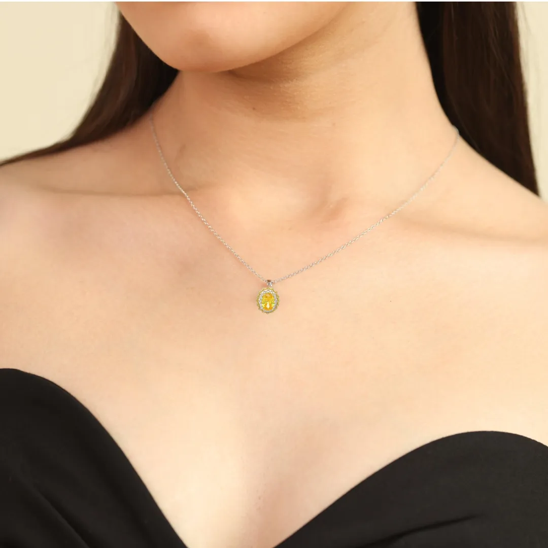 Natural Citrine Halo Pendant Necklace