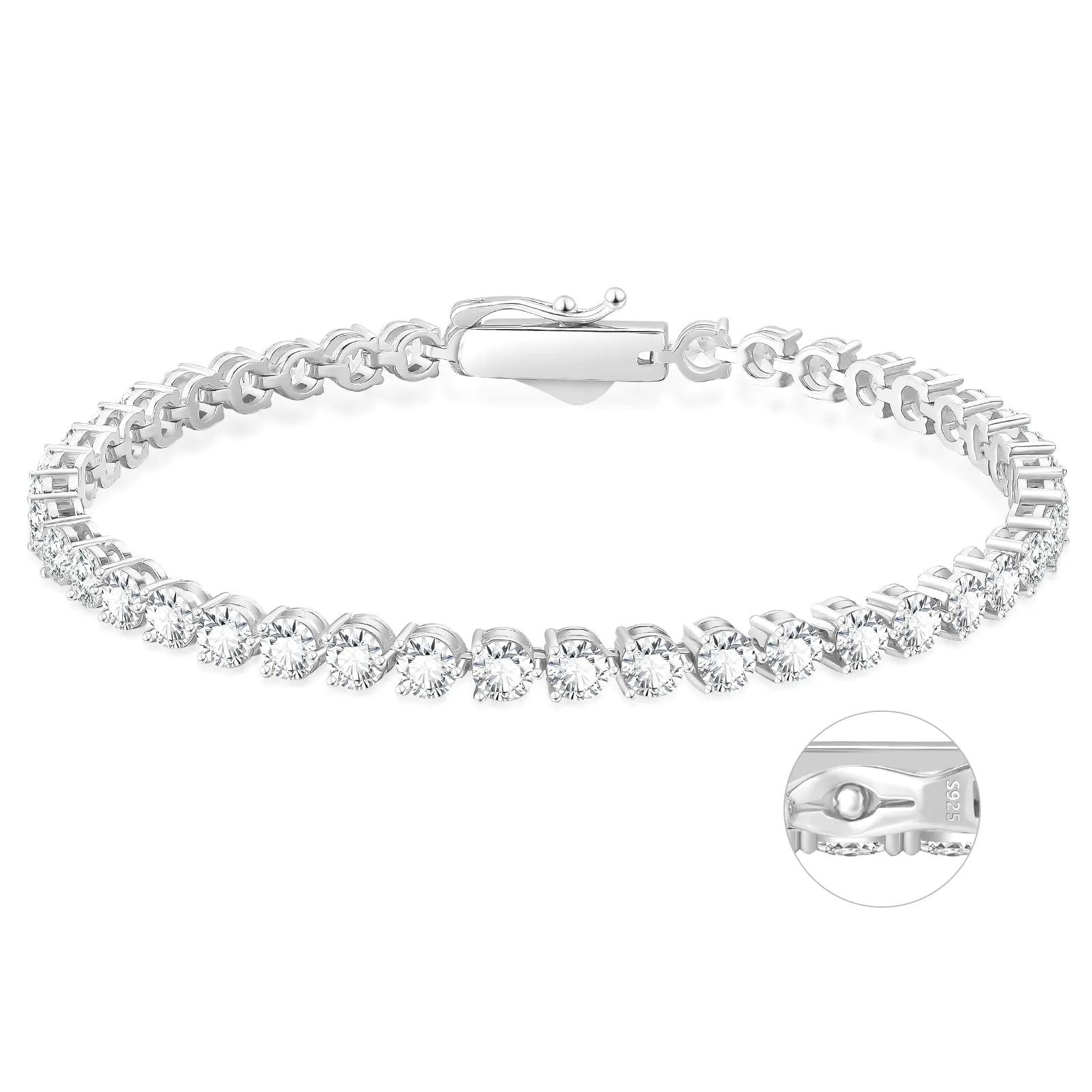 【NEW】4mm 925 Sterling Silver 3 prong Tennis Bracelet KRKC