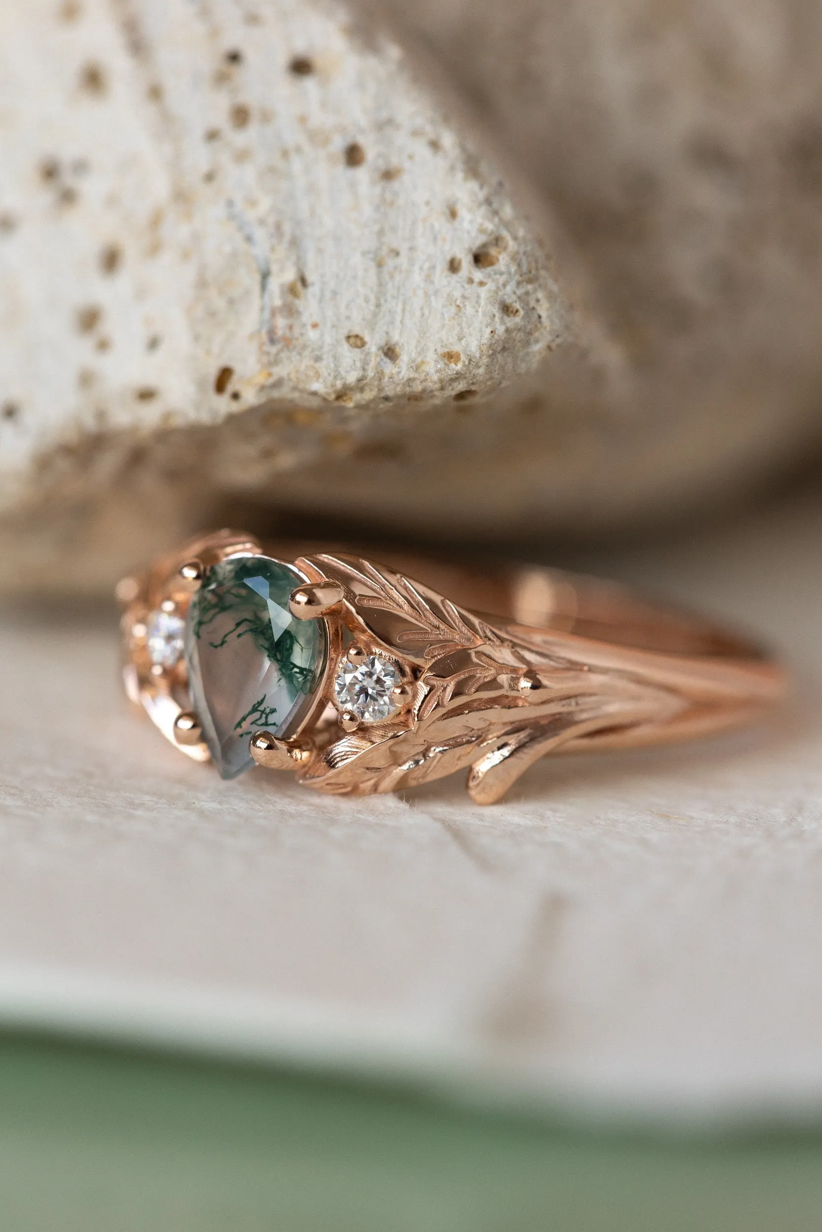 One of a kind moss agate engagement ring, rose gold engagement ring with accent diamonds / Wisteria