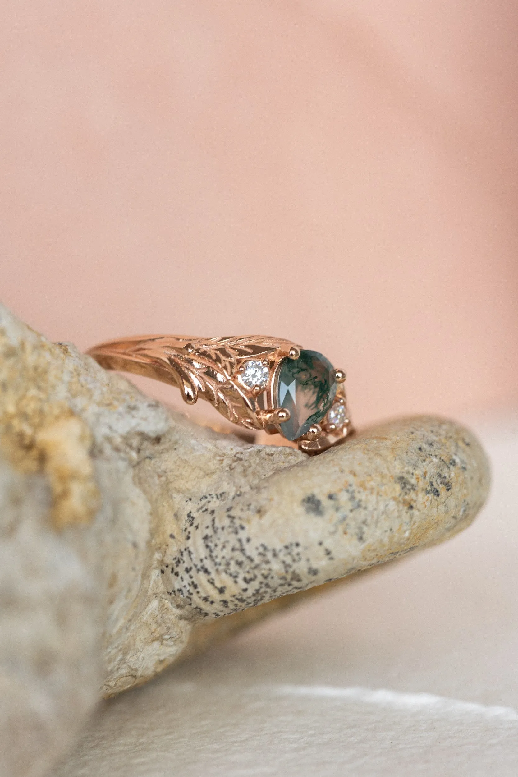 One of a kind moss agate engagement ring, rose gold engagement ring with accent diamonds / Wisteria