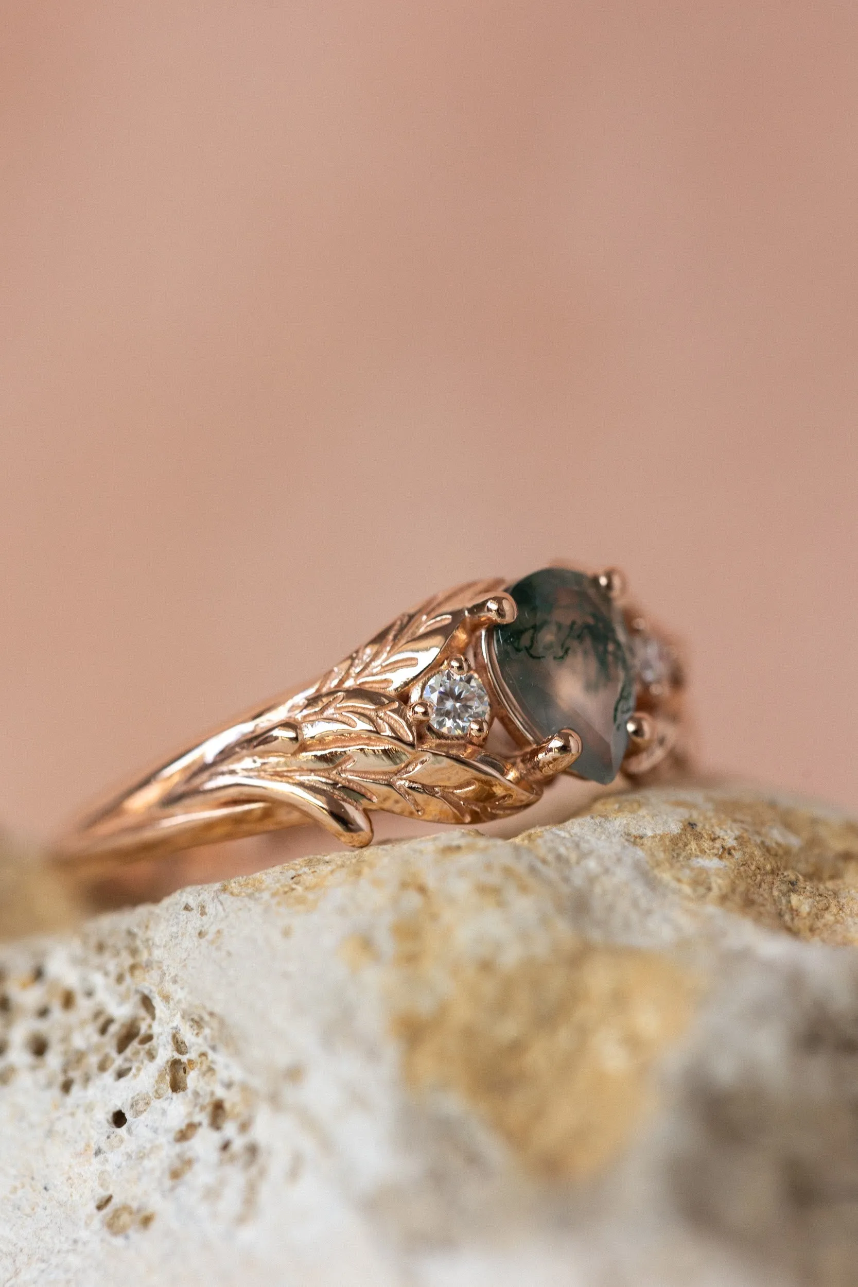 One of a kind moss agate engagement ring, rose gold engagement ring with accent diamonds / Wisteria