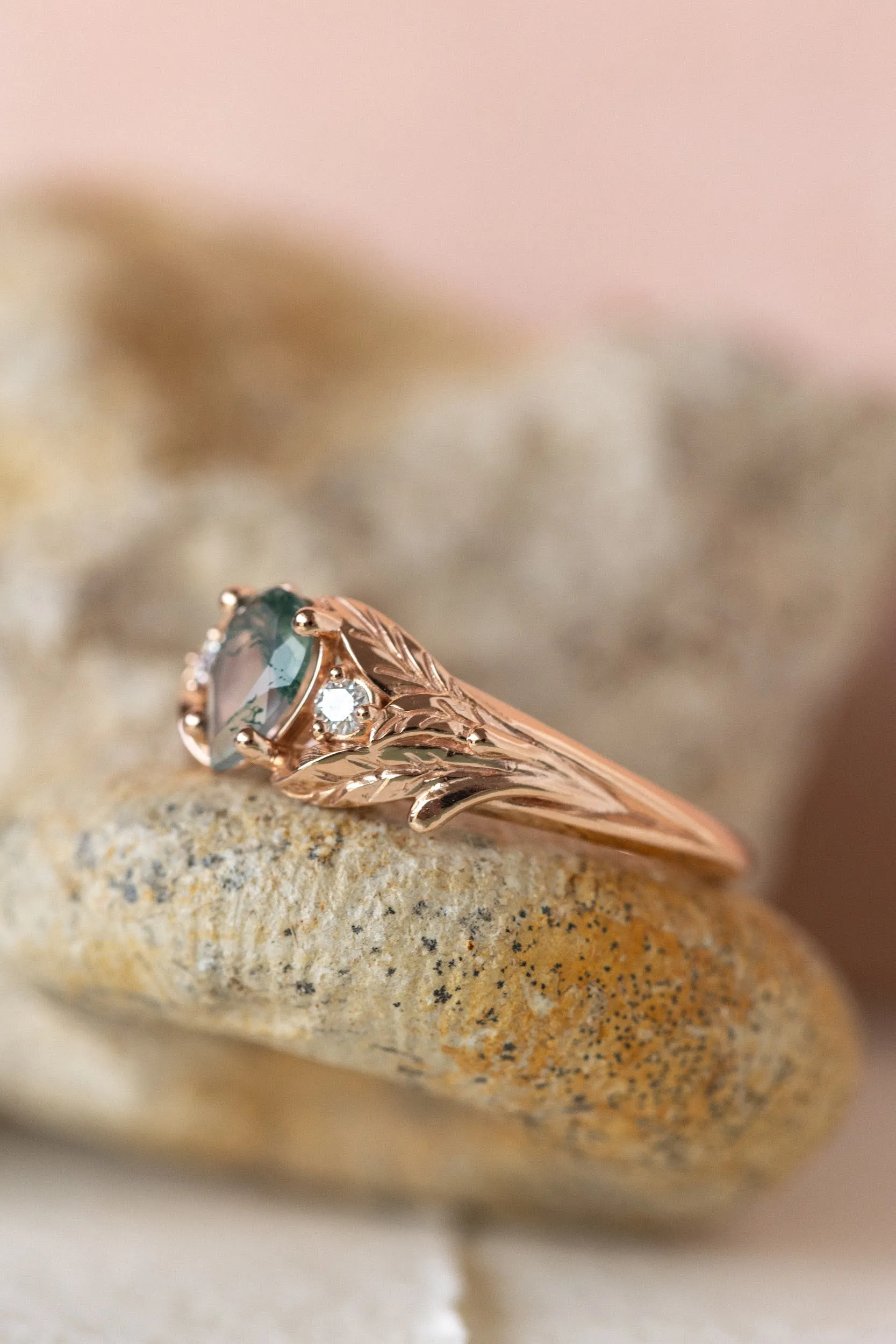 One of a kind moss agate engagement ring, rose gold engagement ring with accent diamonds / Wisteria