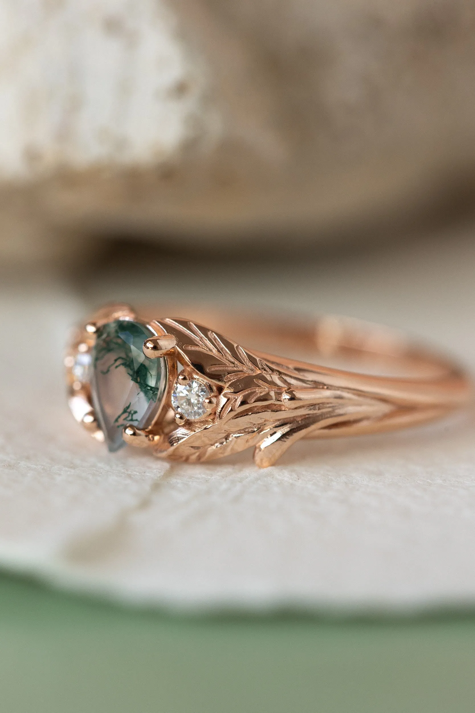 One of a kind moss agate engagement ring, rose gold engagement ring with accent diamonds / Wisteria