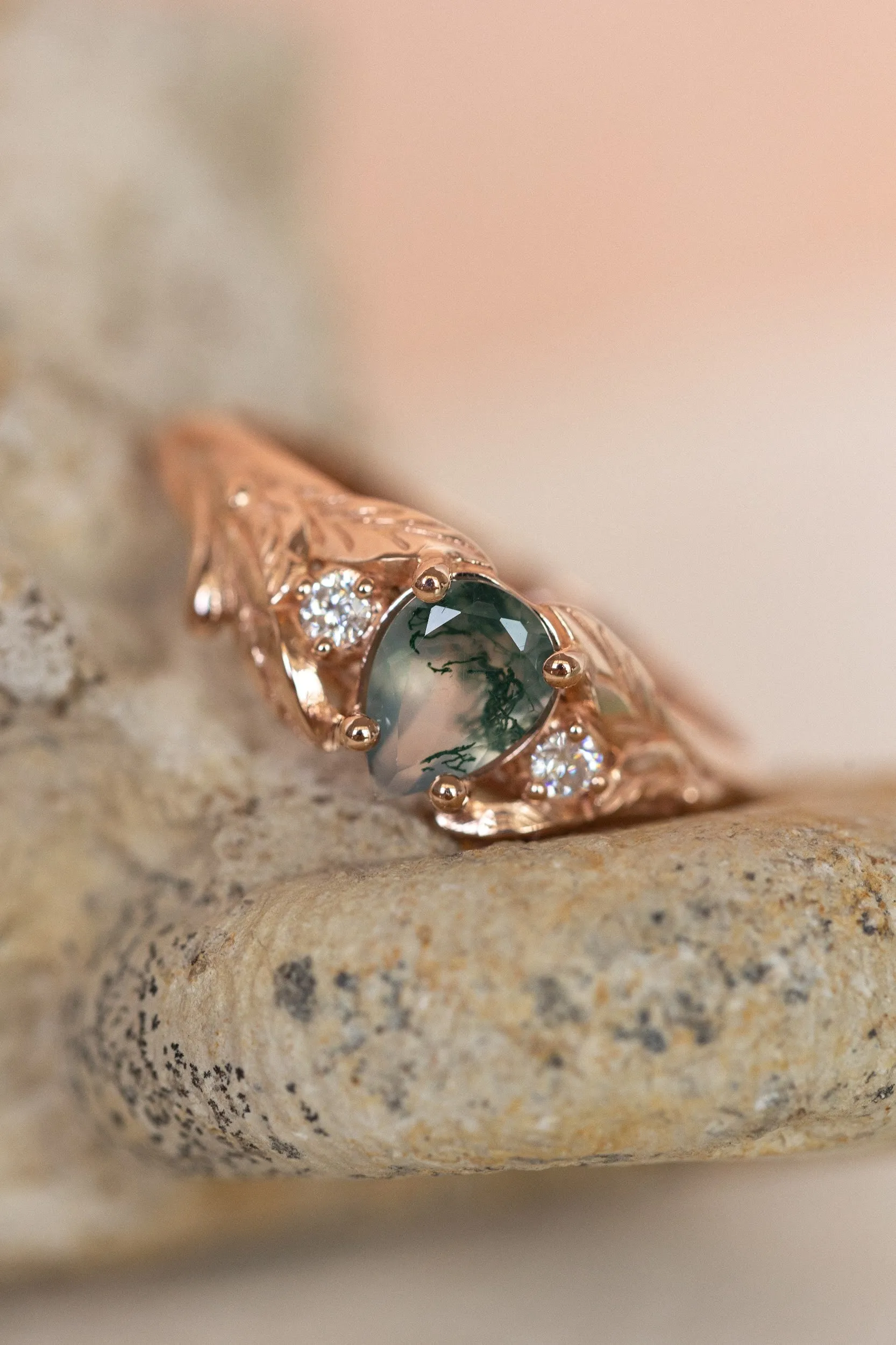 One of a kind moss agate engagement ring, rose gold engagement ring with accent diamonds / Wisteria