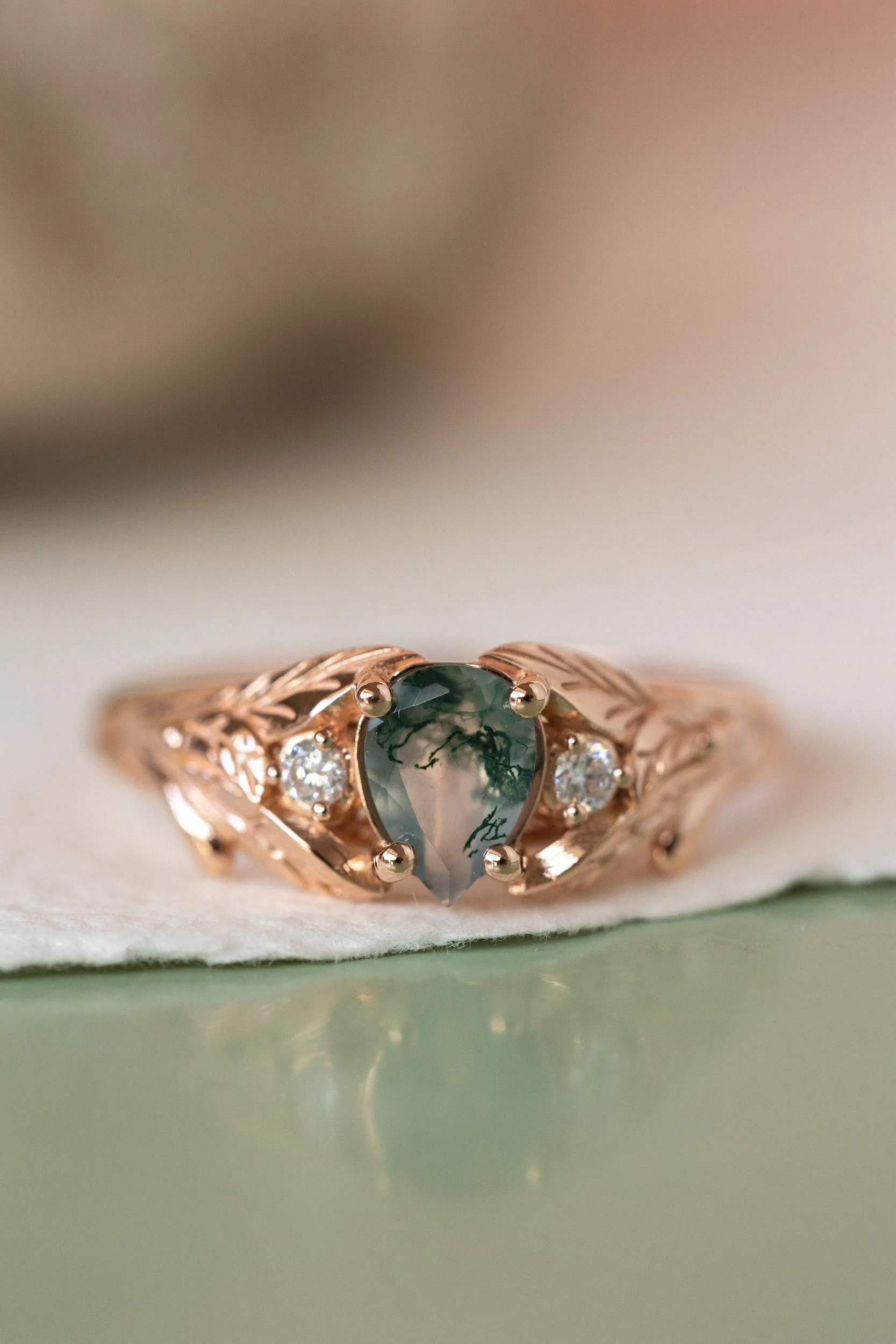 One of a kind moss agate engagement ring, rose gold engagement ring with accent diamonds / Wisteria