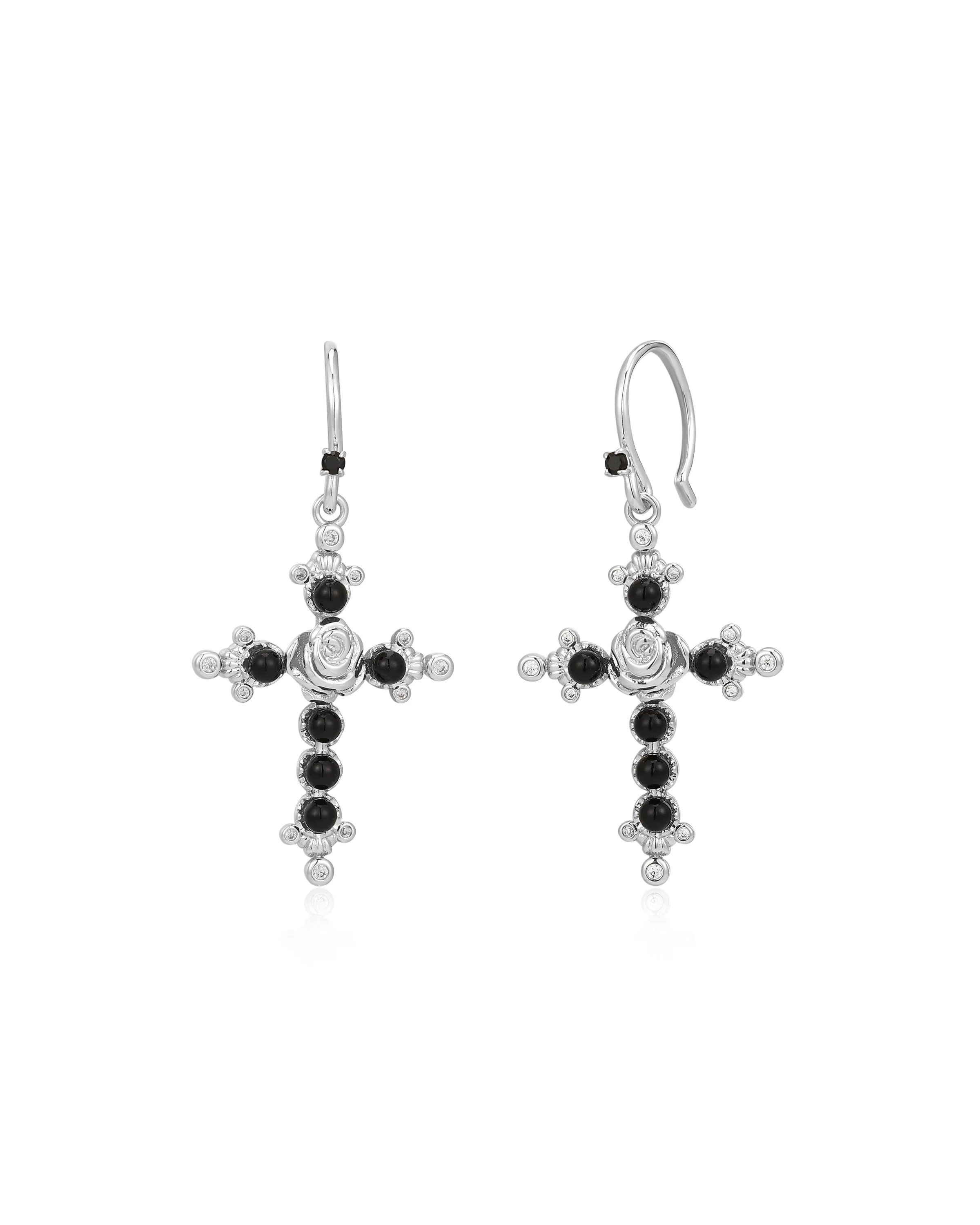 Onyx Rose Cross Hoops- Silver