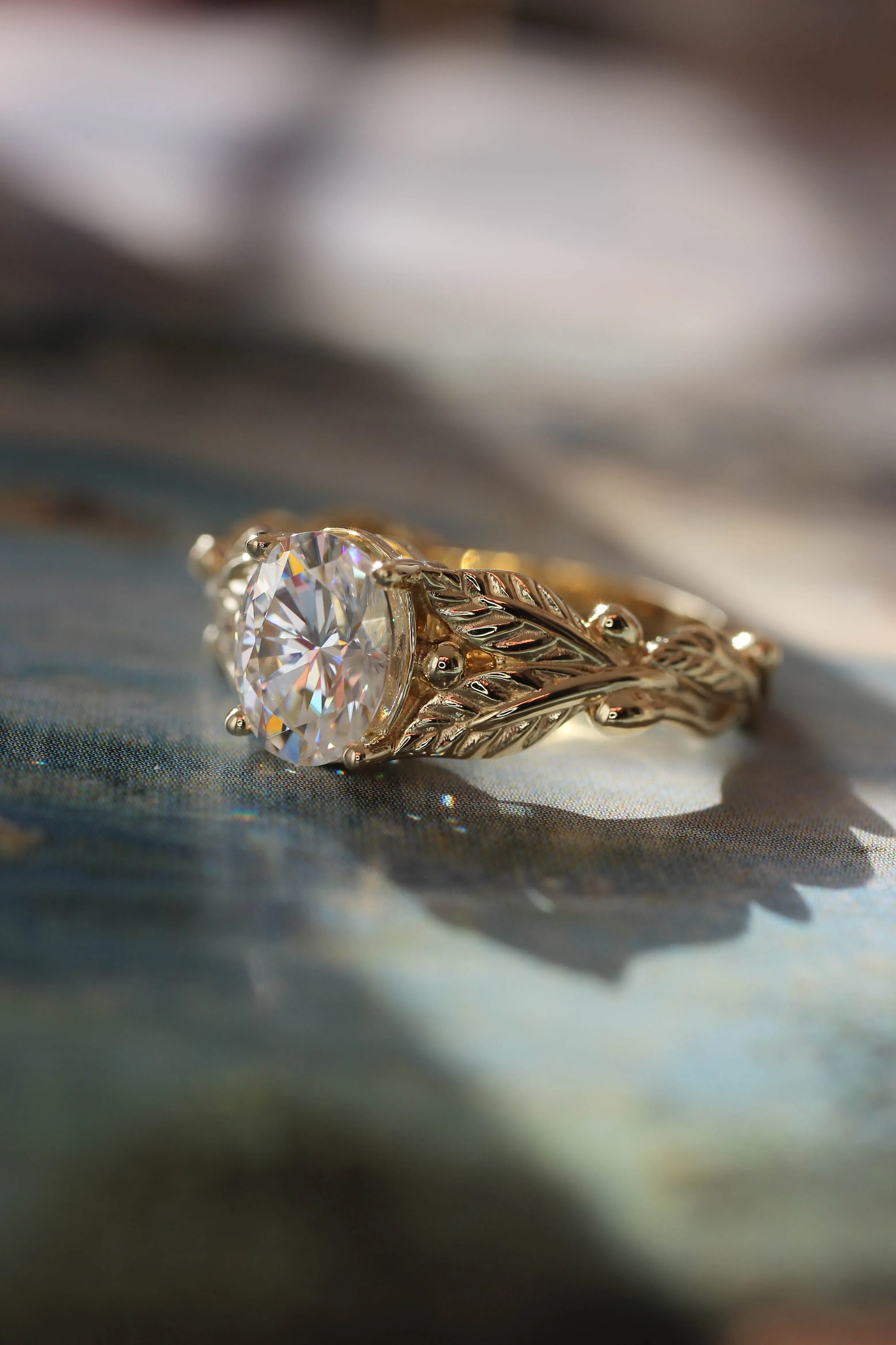 Oval cut moissanite engagement ring, gold leaf promise ring / Cornus