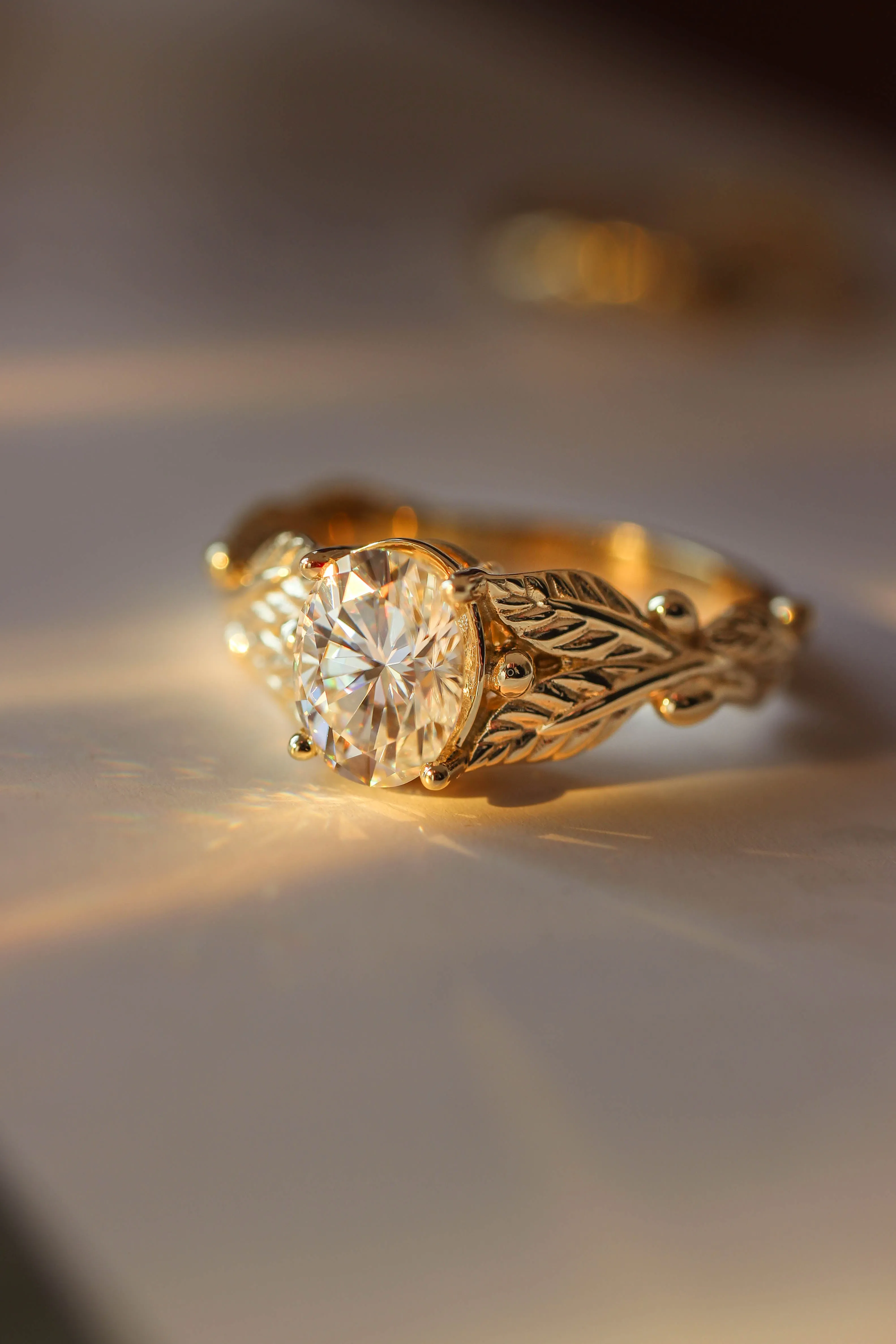 Oval cut moissanite engagement ring, gold leaf promise ring / Cornus