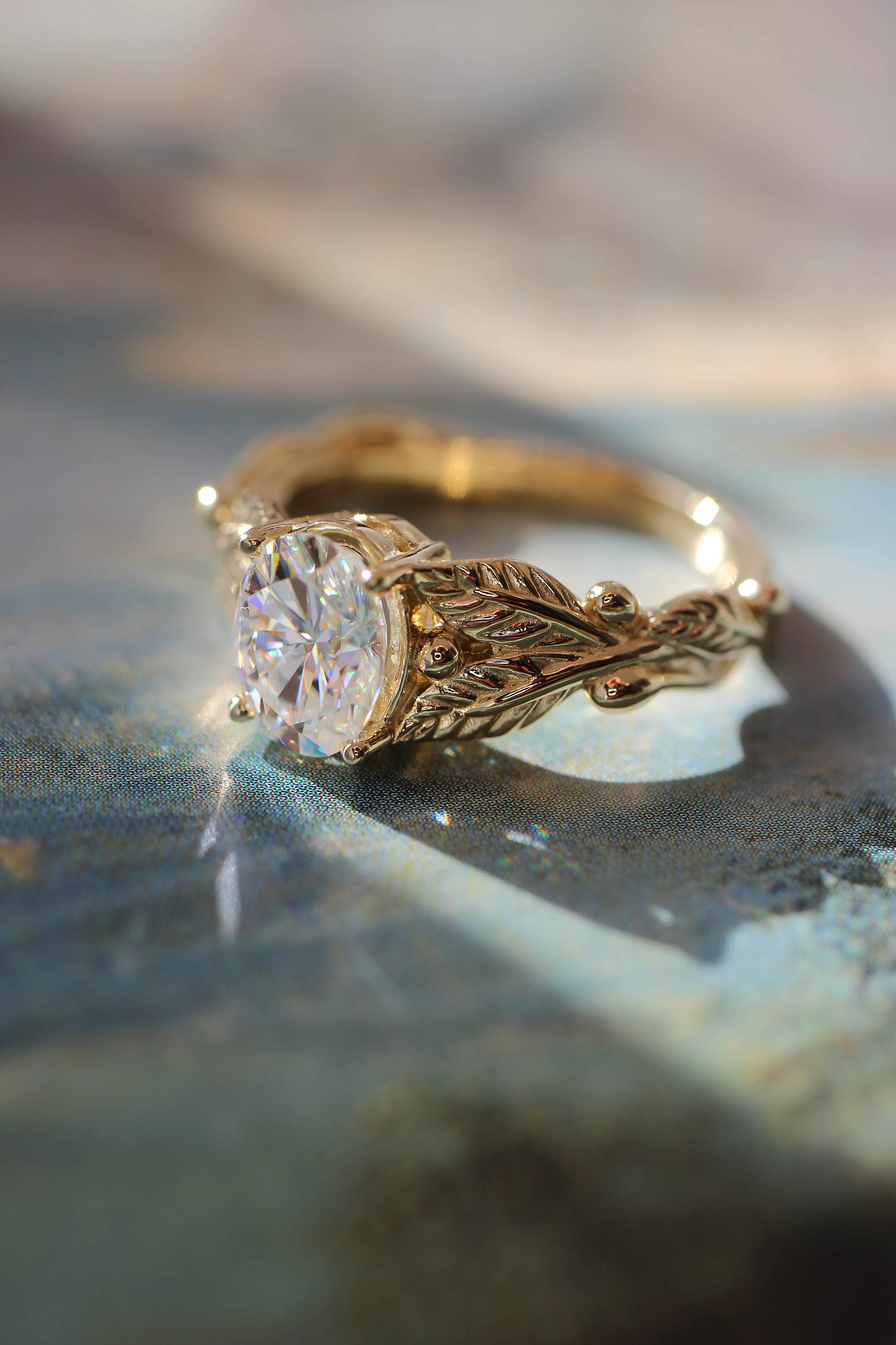 Oval cut moissanite engagement ring, gold leaf promise ring / Cornus