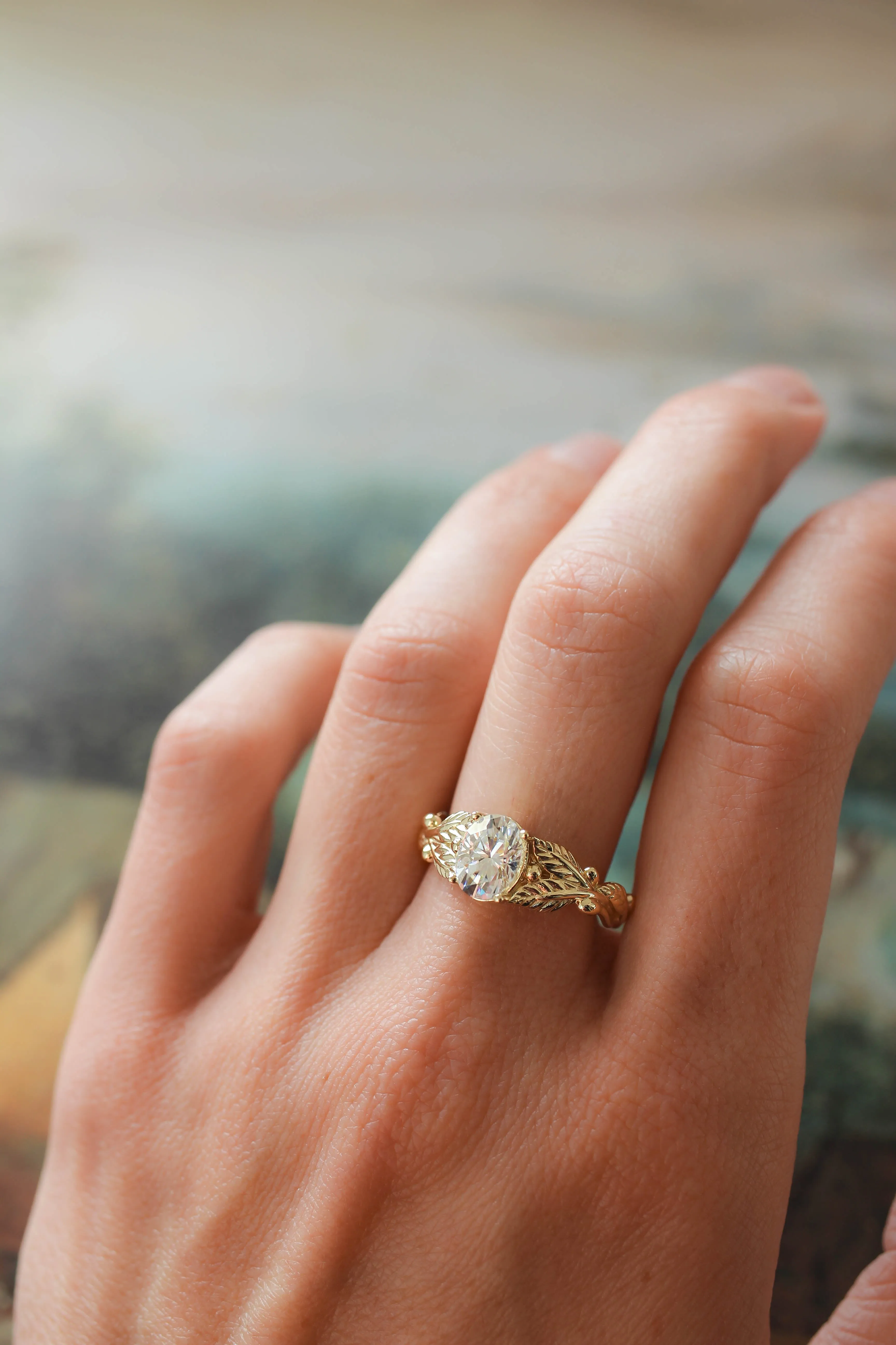 Oval cut moissanite engagement ring, gold leaf promise ring / Cornus