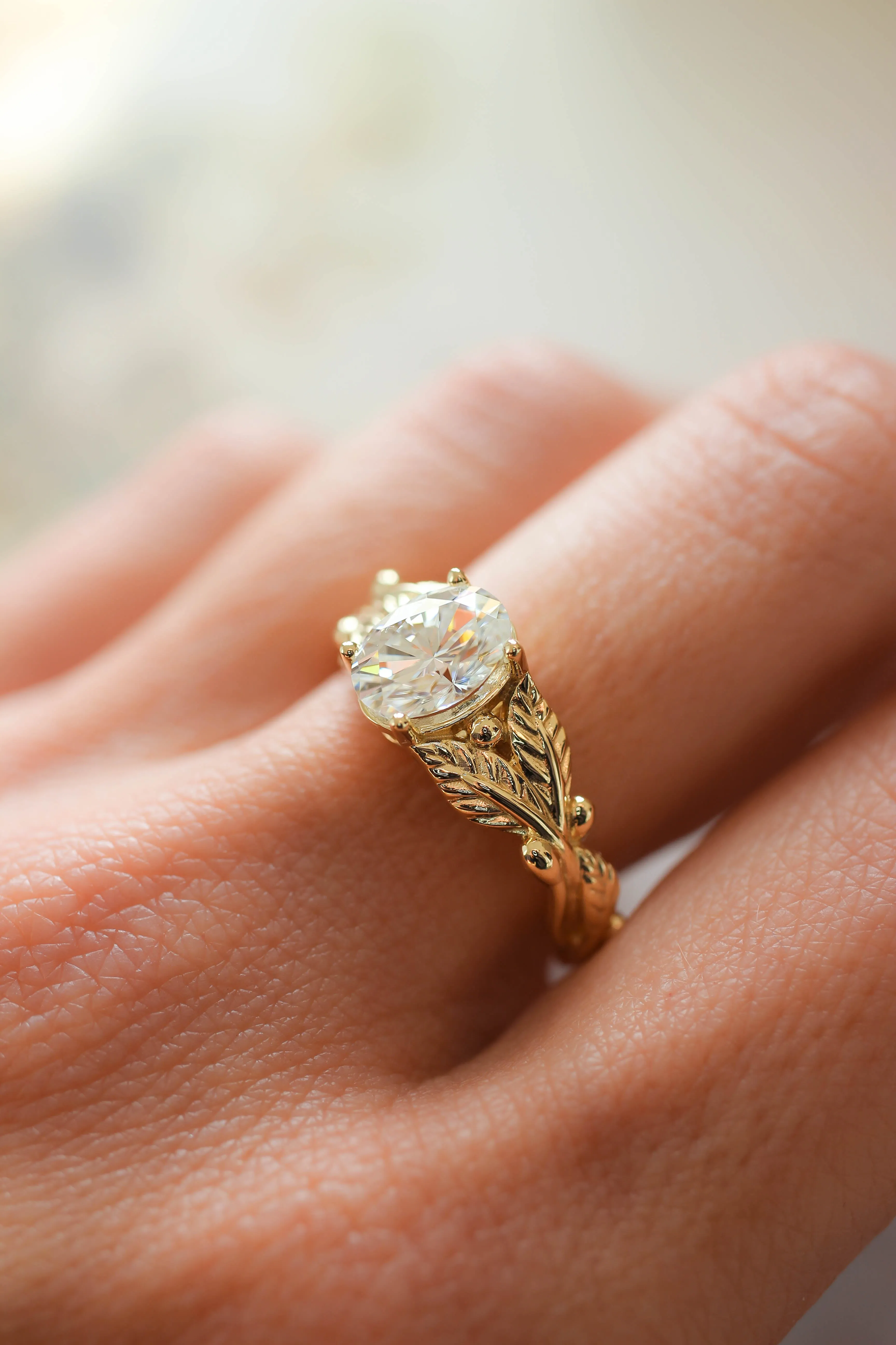 Oval cut moissanite engagement ring, gold leaf promise ring / Cornus