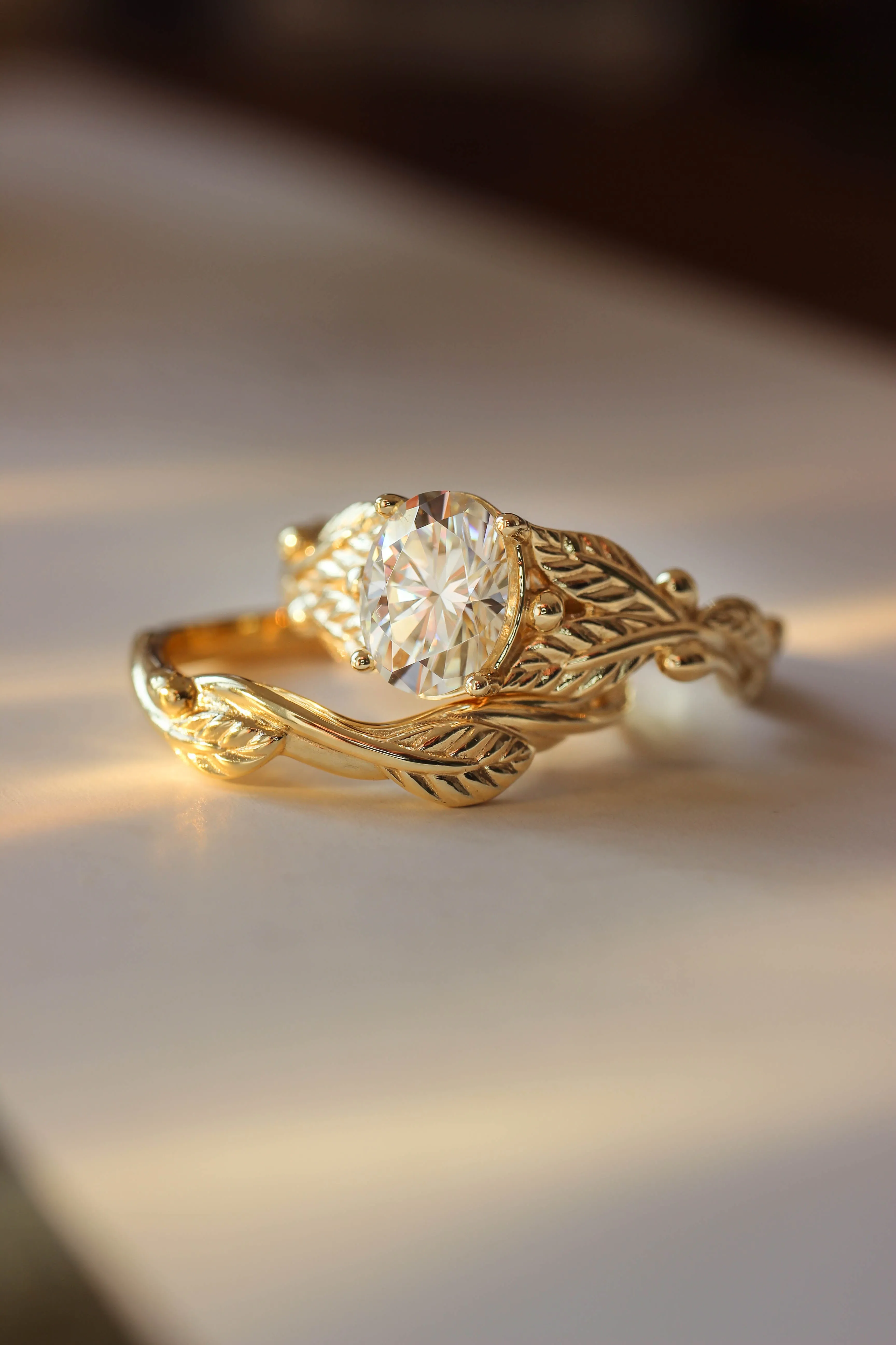 Oval cut moissanite engagement ring, gold leaf promise ring / Cornus