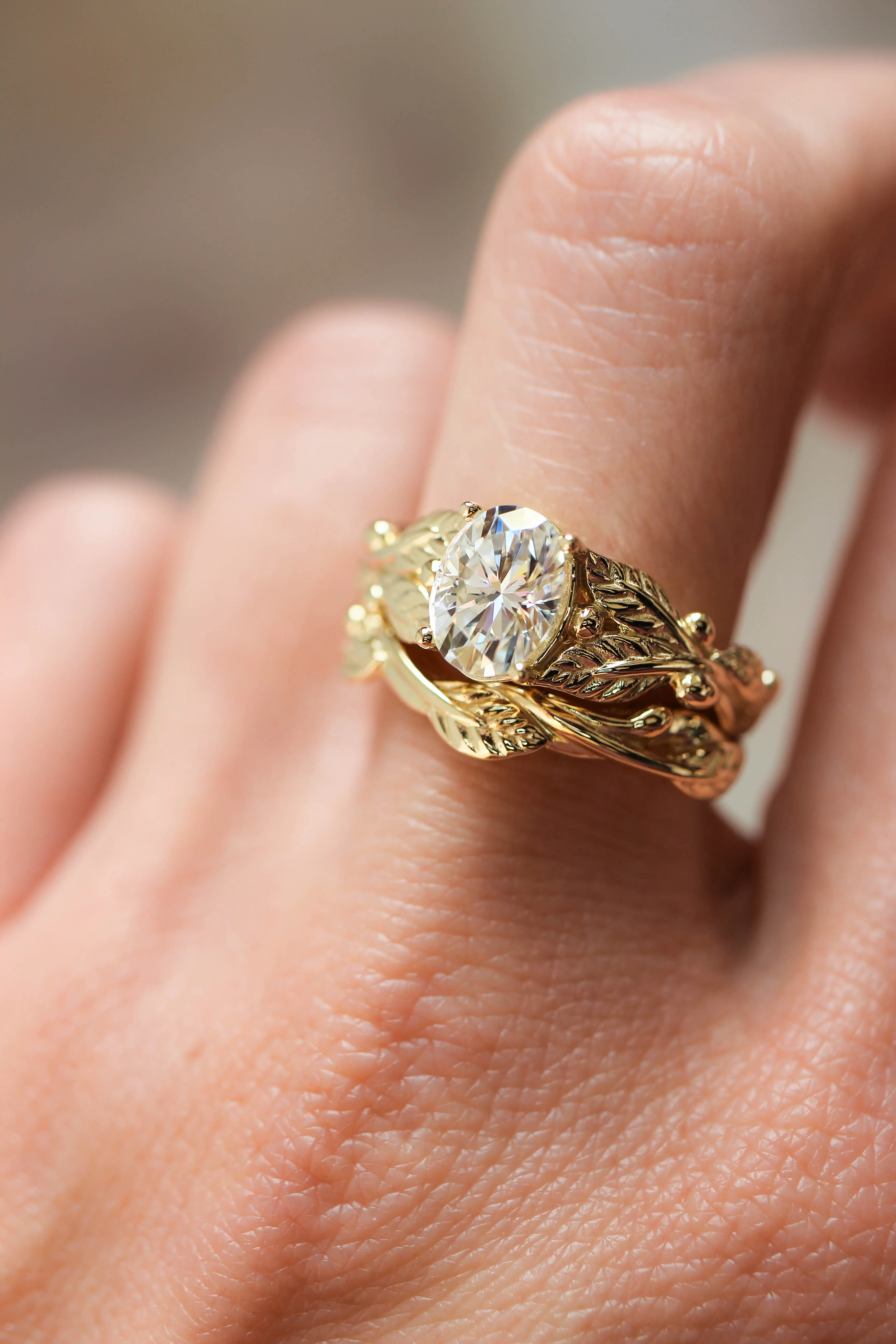 Oval cut moissanite engagement ring, gold leaf promise ring / Cornus