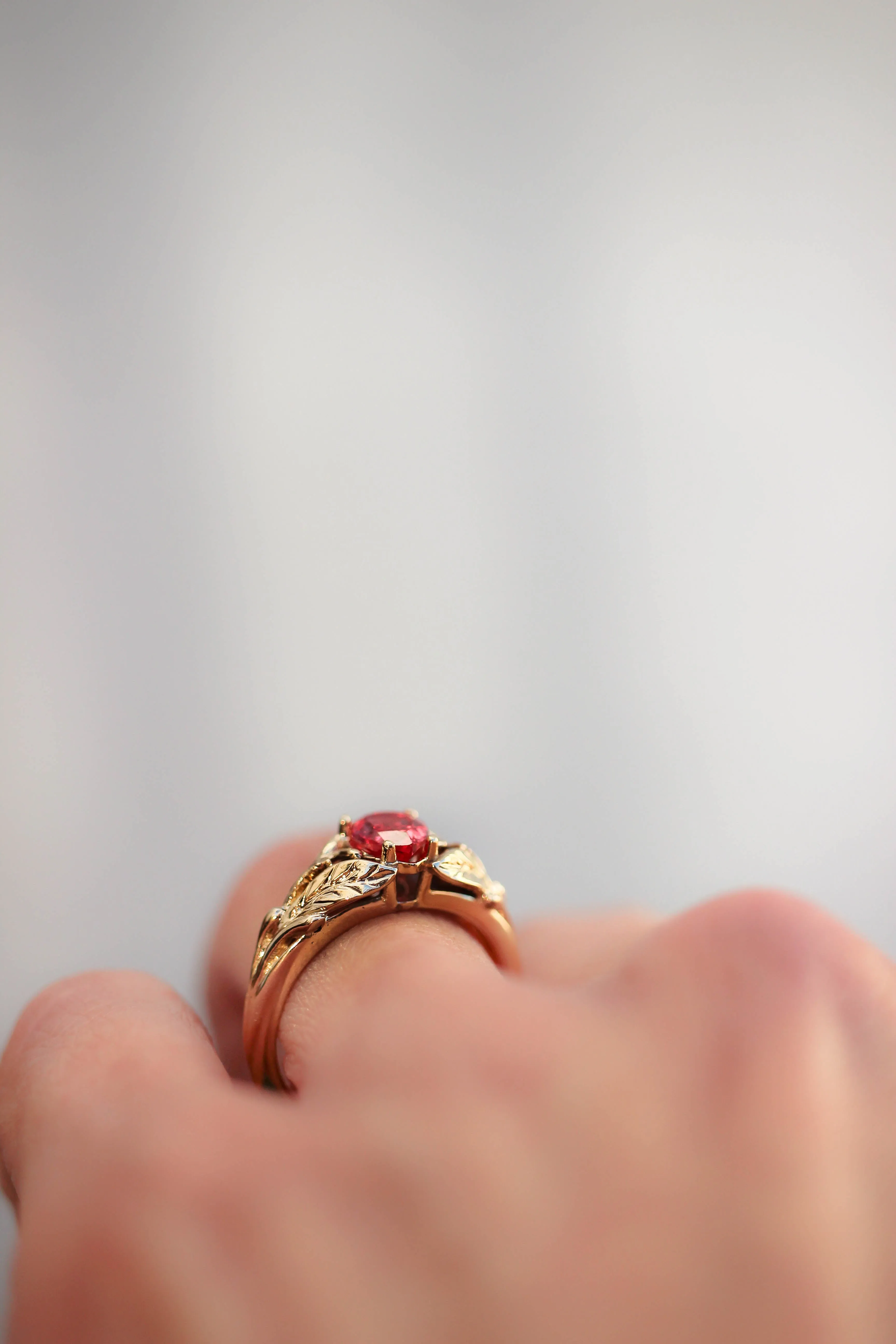 Padparadscha lab sapphire ring, leaves engagement ring / Wisteria